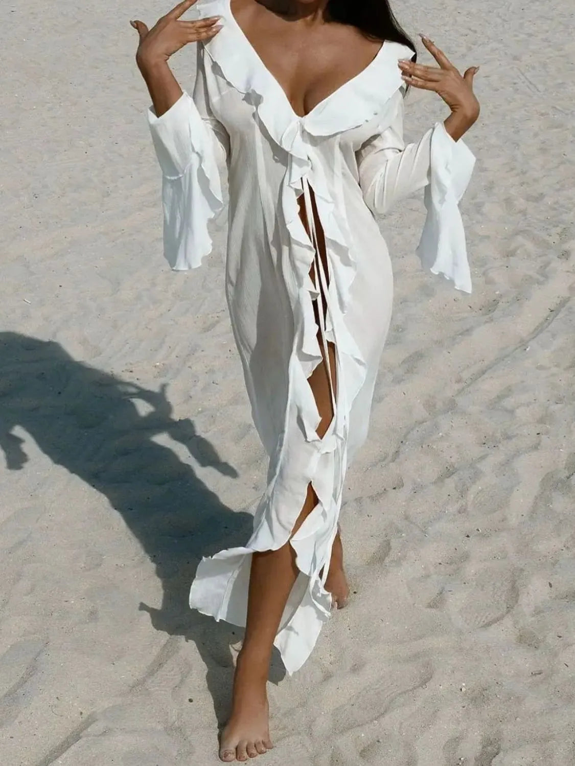 Elegant Ruffled Long Sleeve Beach Cover Up Dress - Flowy Summer Swimwear Coverup for Women, Perfect for Poolside, Vacation & Boho Outfits