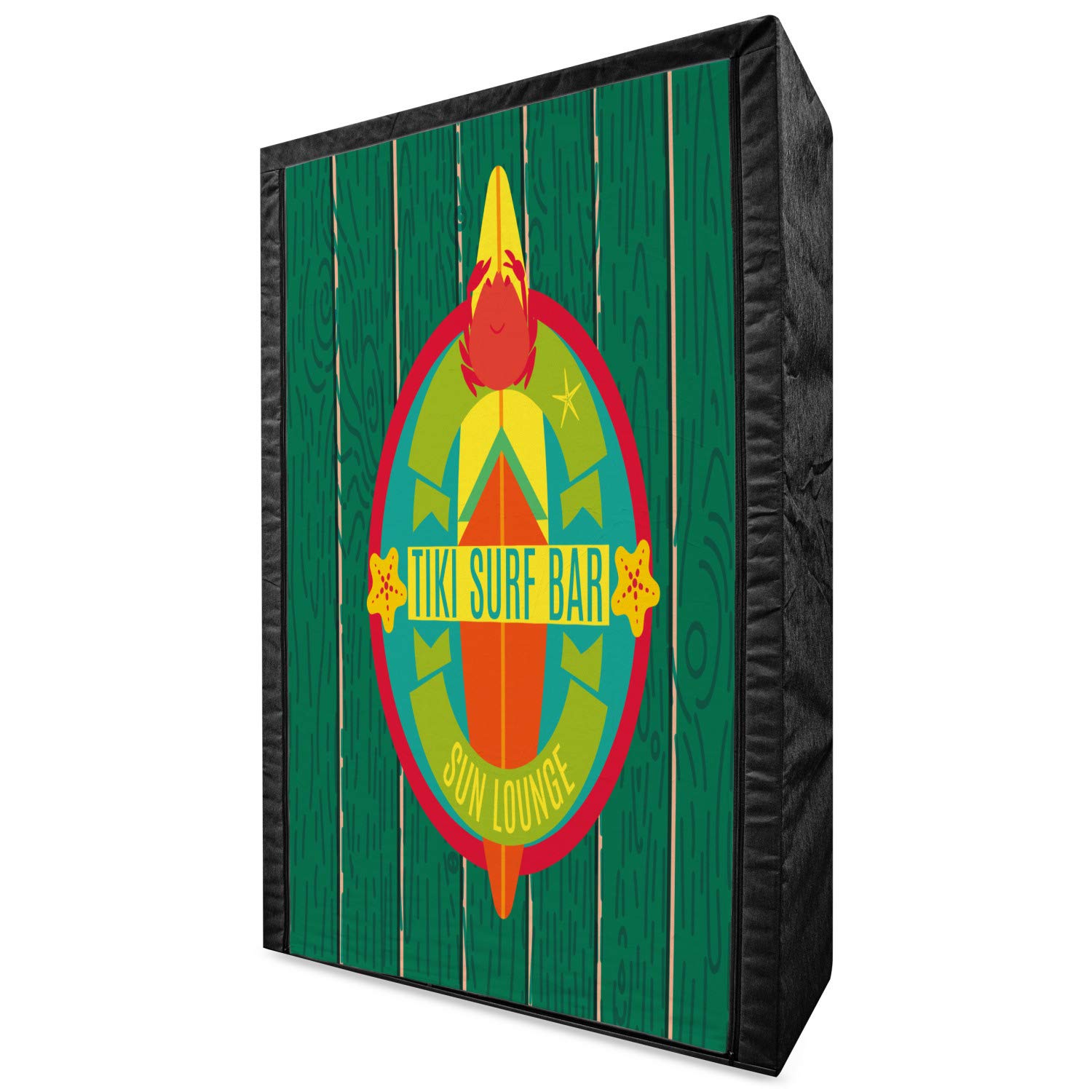 Ambesonne Portable Fabric Wardrobe - Tiki Surf Bar Themed Clothing Organizer with Shelves, 42.5 Inch Multicolor Print (Surfboard, Crab & Starfish Design) - Perfect for Beach Vacations, Tropical Bedroom Decor & Holiday Storage Solutions