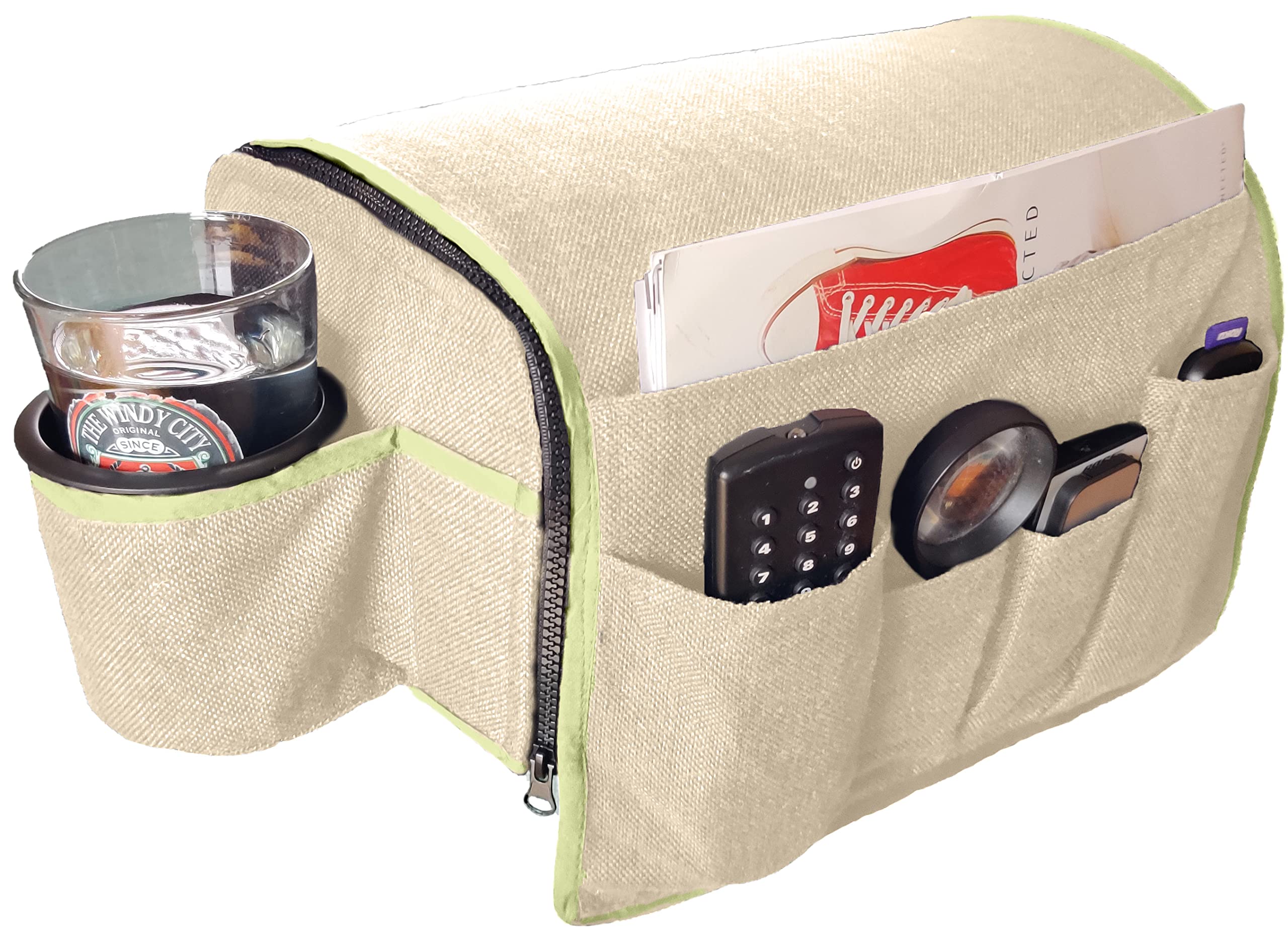 Non-Slip Couch Caddy Remote Control Holder - 8 Inch Armrest Organizer with 6 Storage Pockets & Drink Caddie for Recliner, Armchair, Sofa (Champagne) - Perfect for Movie Nights, Gaming & Relaxing at Home