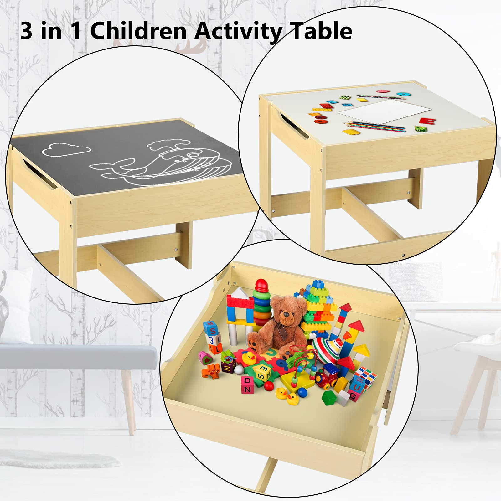 Kinder King Kids Wooden Table and 2 Chairs Set - 3-in-1 Children's Activity Table with Storage, Removable Tabletop & Blackboard - 3-Piece Toddler Furniture for Art, Drawing, Reading - Perfect for Playroom, Homeschooling & Daycare (Natural Wood)
