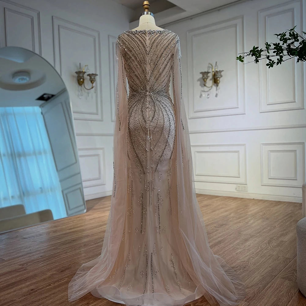 Elegant Beige Beaded Evening Dress with Cape Sleeves - LA72992 | Formal Gown for Prom, Wedding & Special Occasions