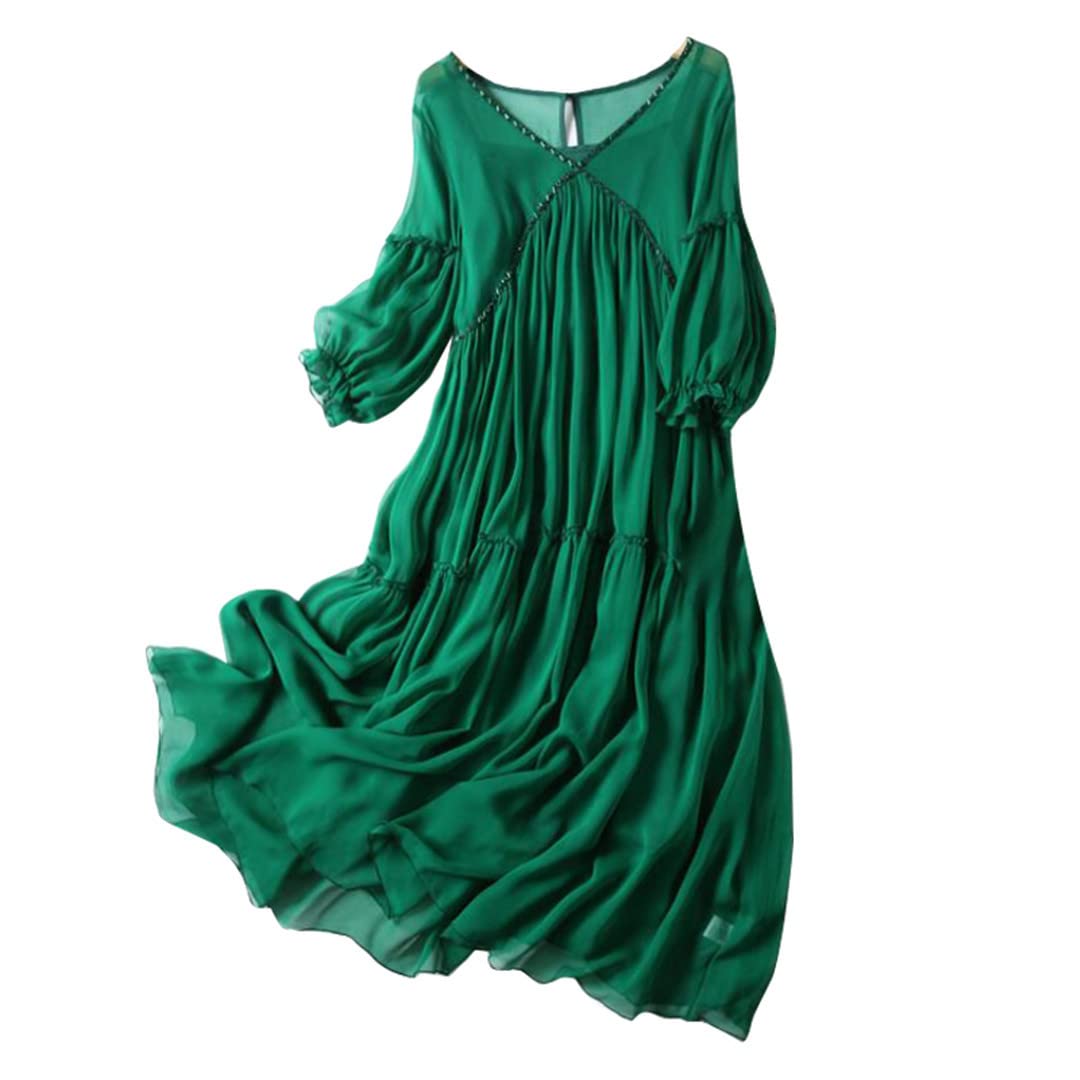 100% Pure Silk Women's Summer Dress - Elegant Swing Midi Dress with V-Neck | Perfect for Beach Vacations, Date Nights & Special Occasions