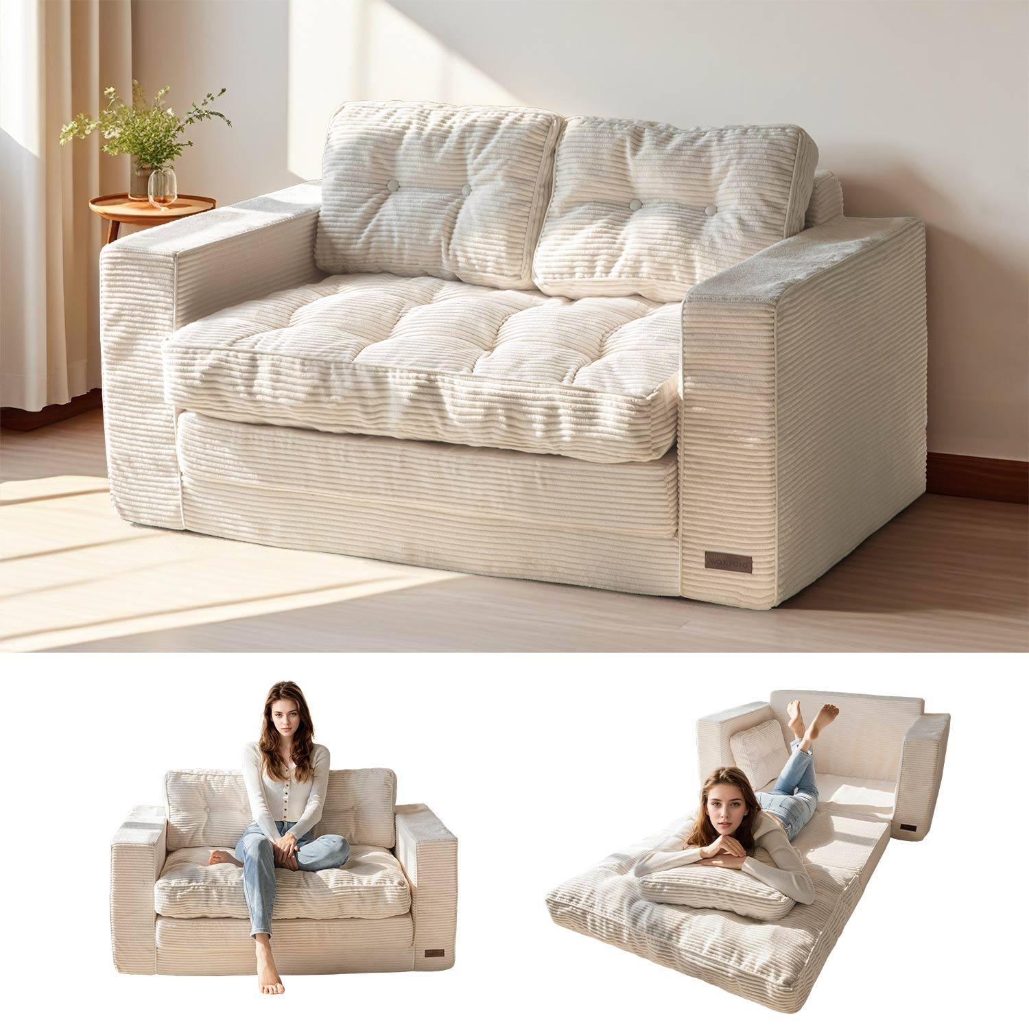 MAXYOYO Convertible Sofa Bed - Foldable Floor Couch with Pillows in Beige | Space-Saving Furniture for Small Apartments, Guest Rooms & Living Rooms