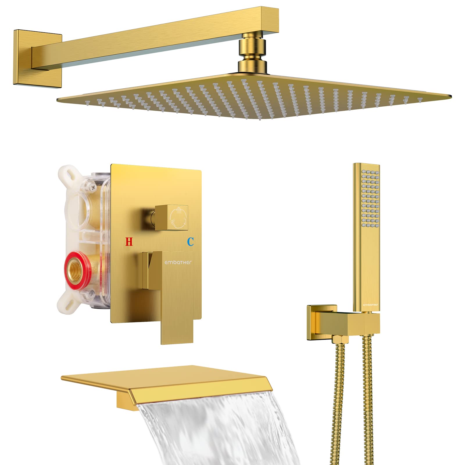 EMBATHER 10-Inch Brushed Gold Shower System with Tub Spout - High Pressure Rain Shower & Handheld Spray - Complete Bathroom Faucet Set with Valve & Trim Kit - Perfect for Master Bathrooms & Luxury Home Renovations