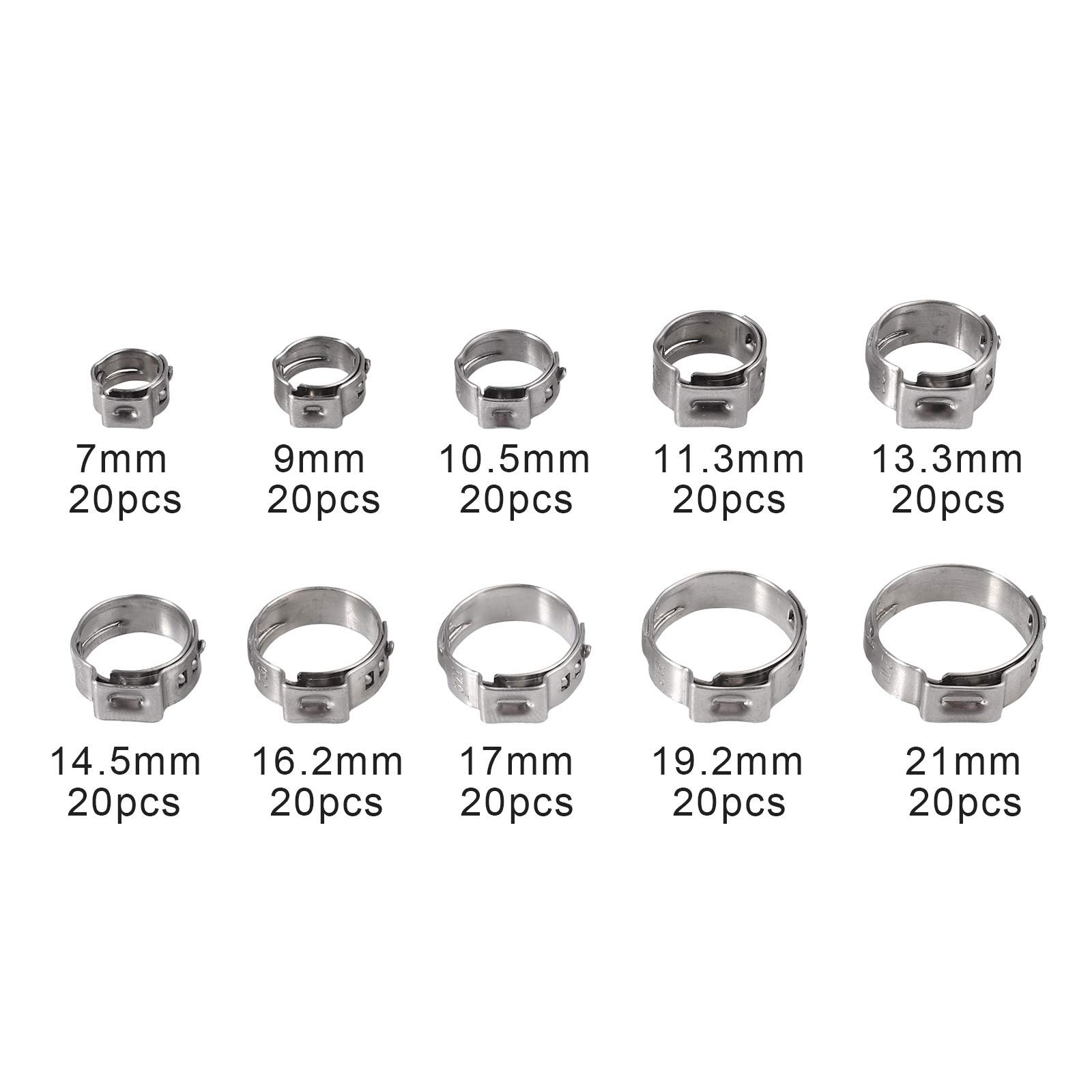 Proster Single Ear Stepless Hose Clamp Crimping Tool Kit - 304 Stainless Steel Hose Clamps (200pcs, 5.8-21mm) for Automotive, Plumbing & Marine Applications