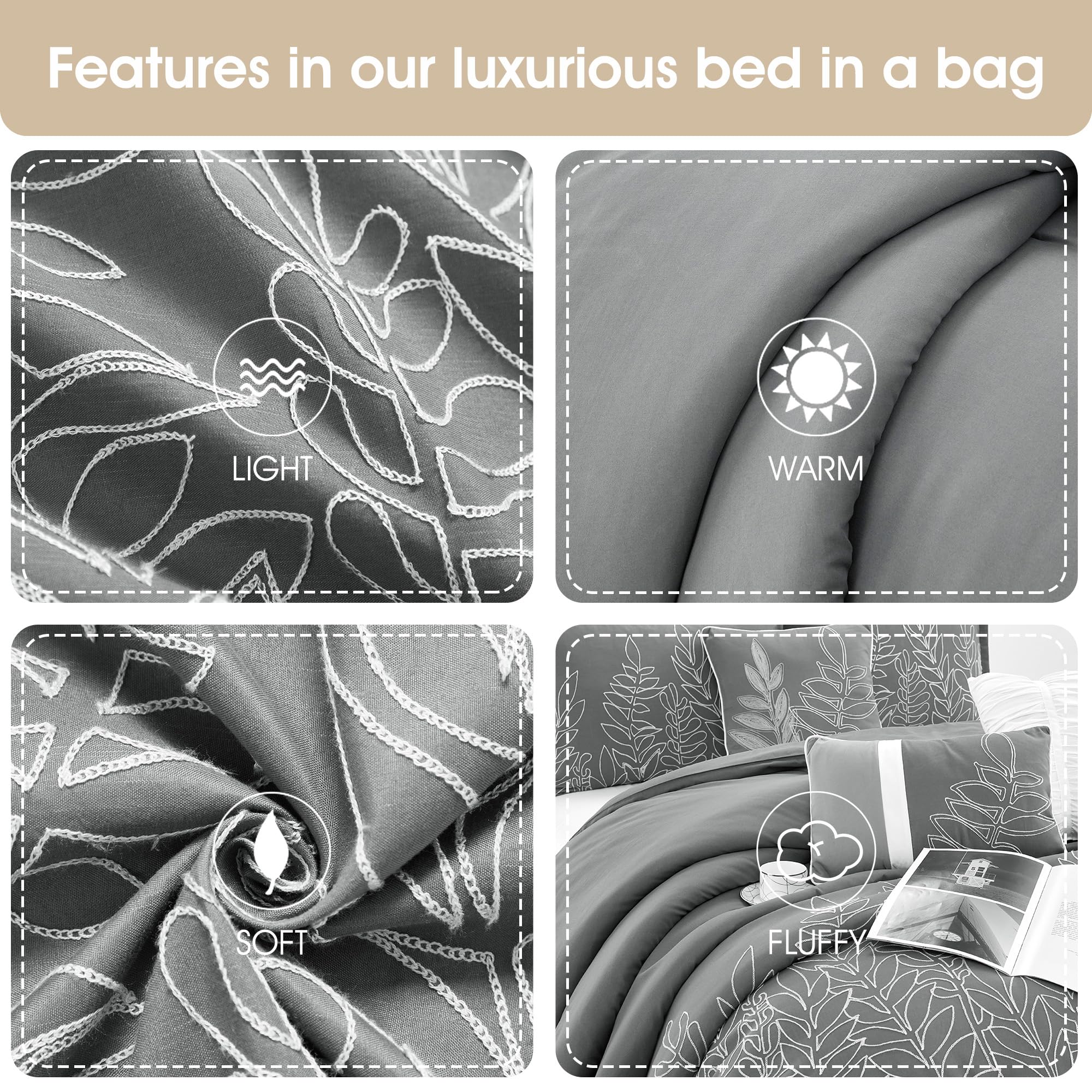 Grand Avenue Grey Leaves King Size Comforter Set - 7 Piece Bedding Set with Pillow Shams, Bed Skirt & Decorative Pillows | All Season Luxury Home Decor for Master Bedroom