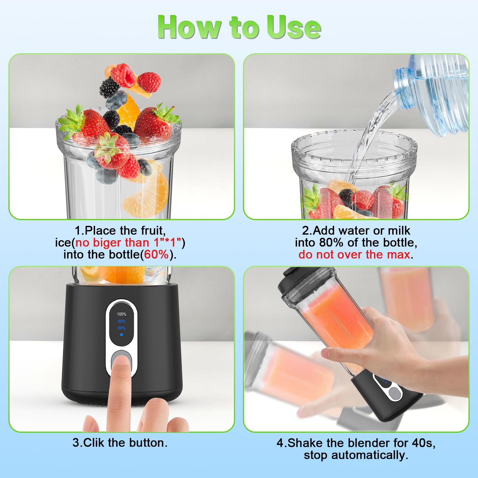 UPMSX 300W Personal Smoothie Blender with Sharp Stainless Steel Blades - Portable Rechargeable Blender for Protein Shakes, Fruit Smoothies, Meal Prep - Perfect for Travel, Gym, Home & Office Use - Compact Detachable Design for Easy Cleaning