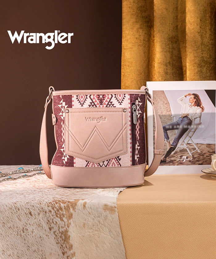 Wrangler Aztec Print Canvas Bucket Bag for Women - Stylish Crossbody Purse with Adjustable Strap, Perfect for Travel, Shopping & Everyday Use