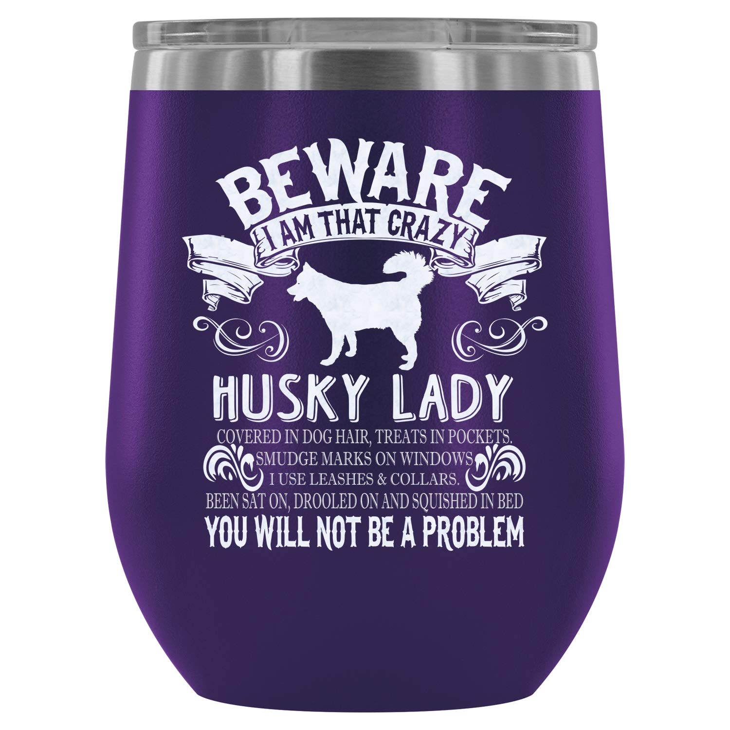 MISOSTORE 12Oz Stainless Steel Vacuum Insulated Stemless Wine Tumbler - Husky Mom Gift, Funny Husky Lady Design, Purple Wine Glass for Chilling, Outdoor Picnics & Gifts