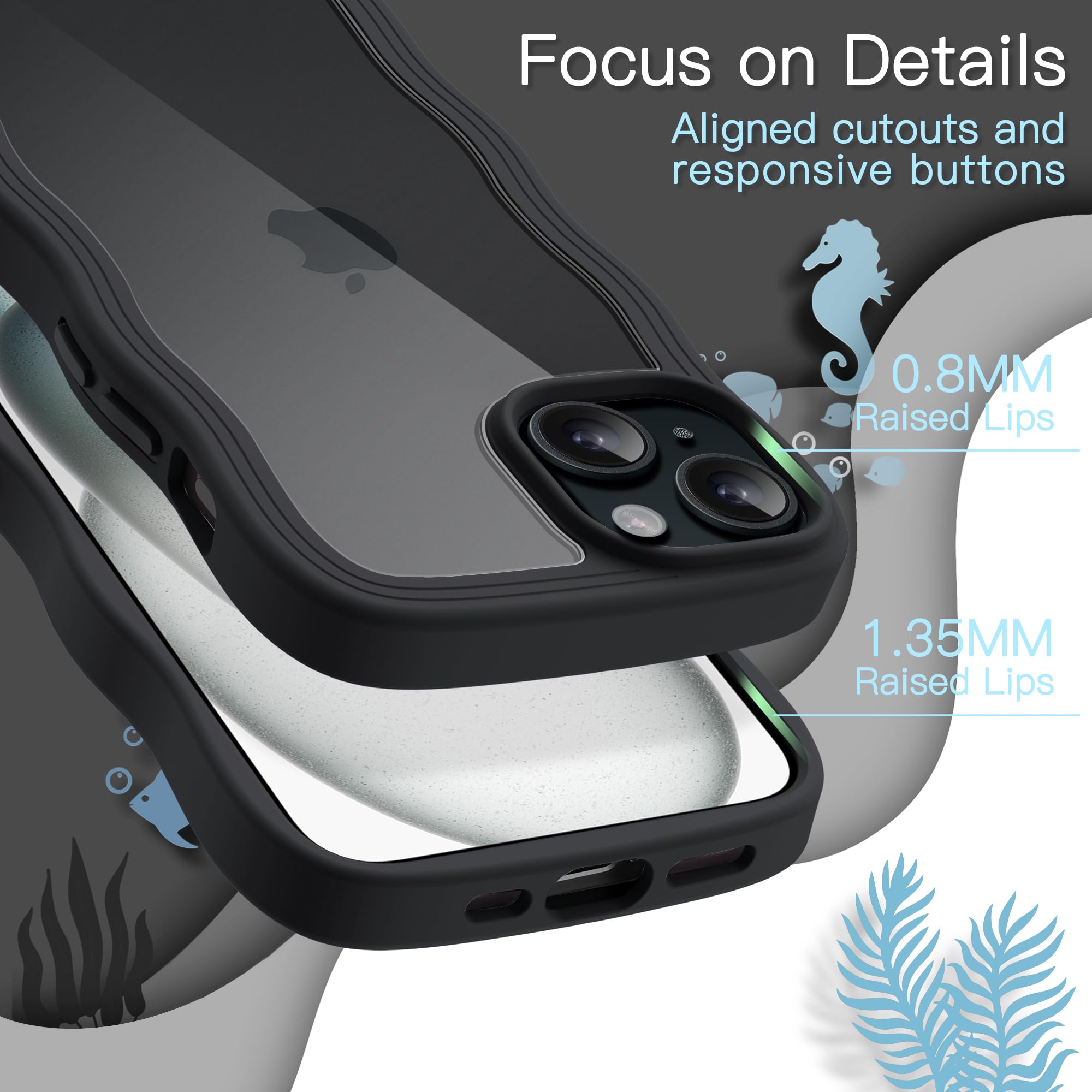 JETech Cute iPhone 15 Plus Case 6.7-Inch - Wave Frame Curly Design Shockproof Clear Hard PC Phone Cover for Women & Girls (Black) | Perfect for Everyday Protection & Style