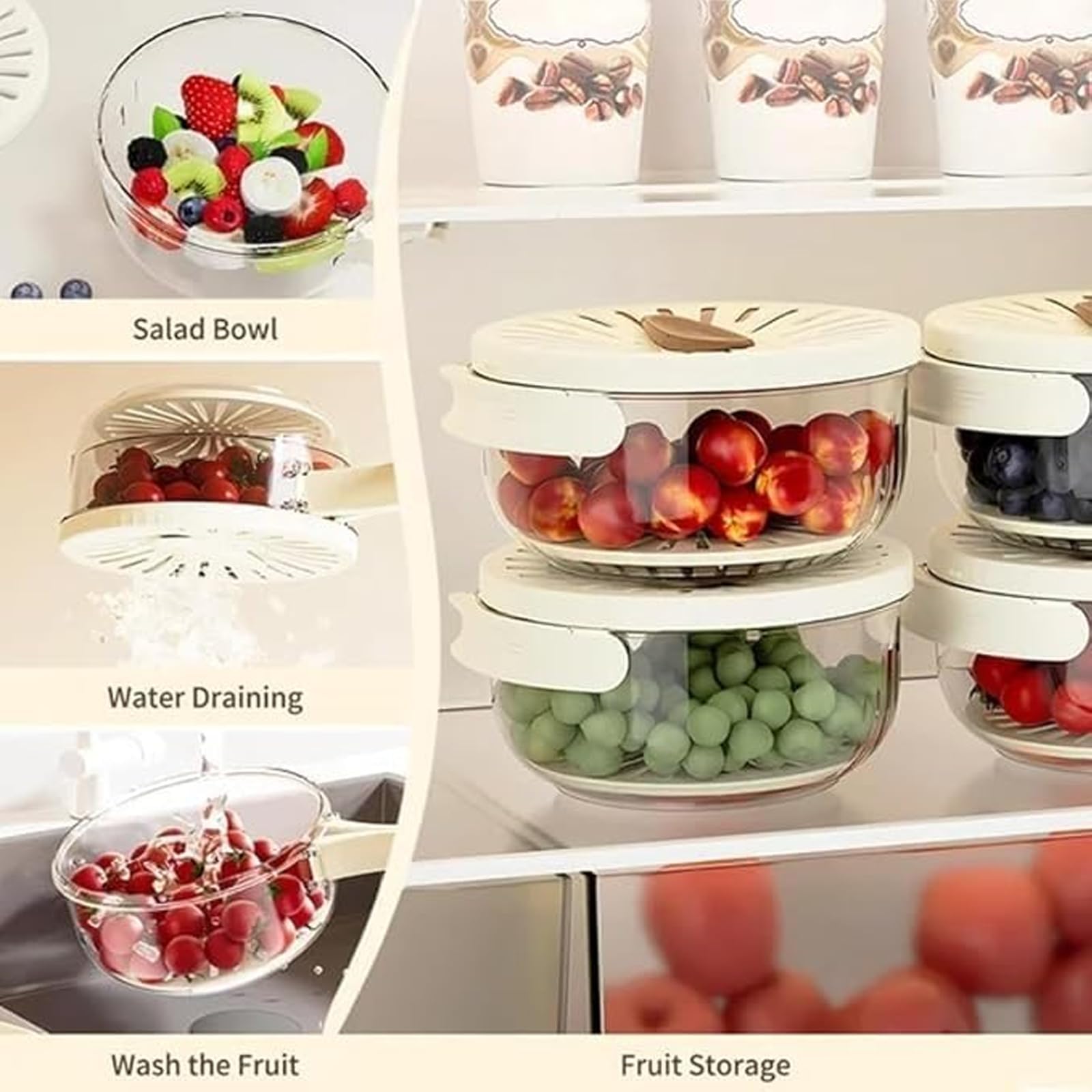 Multifunctional Fruit and Vegetable Washing Bowl with Lid and Strainer - 3-in-1 Drainer, Washer & Spinner for Fresh Produce (Brown, 1PC) - Perfect for Kitchen, Camping & Healthy Meal Prep