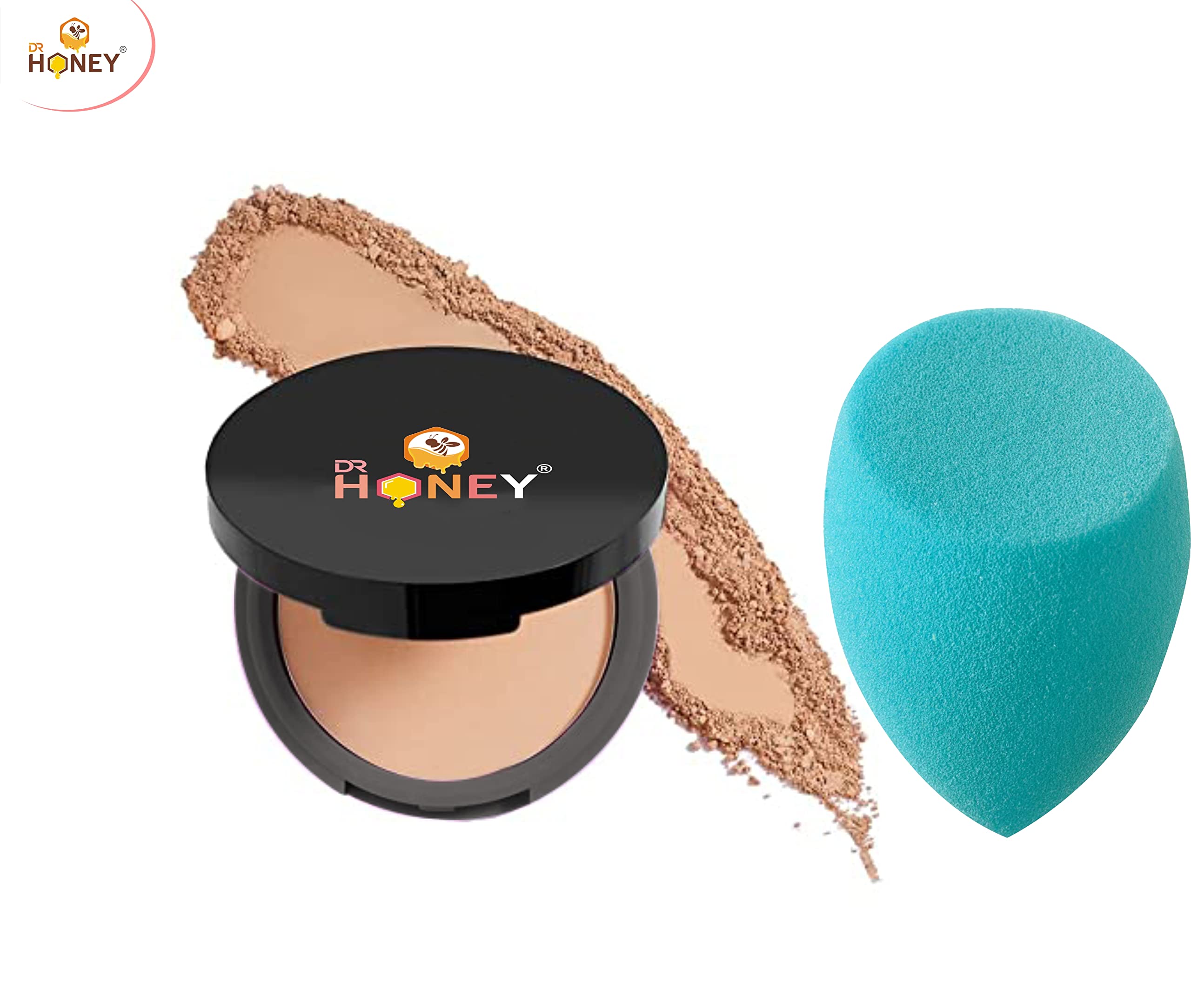 DR HONEY Compact Powder - Full Coverage, Blendable Pressed Powder for Normal to Oily Skin, Warm Nude Shade 128 | Includes Makeup Sponge & Beauty Blender | Perfect for Everyday Wear, Touch-Ups & On-the-Go Makeup Application