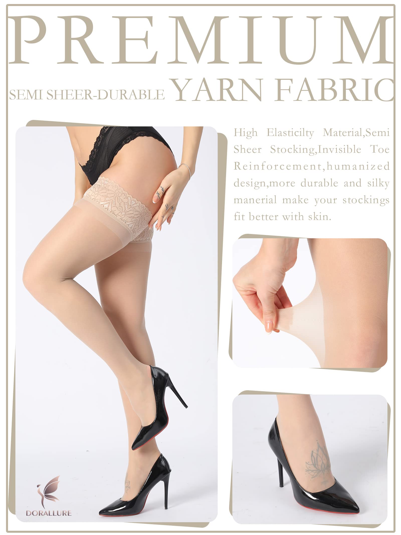 DORALLURE Women's Thigh High Stockings with Silicone Lace Top - Stay Up Silky Semi-Sheer Pantyhose - Nylon Hold Up Stockings for Work, Party & Special Occasions