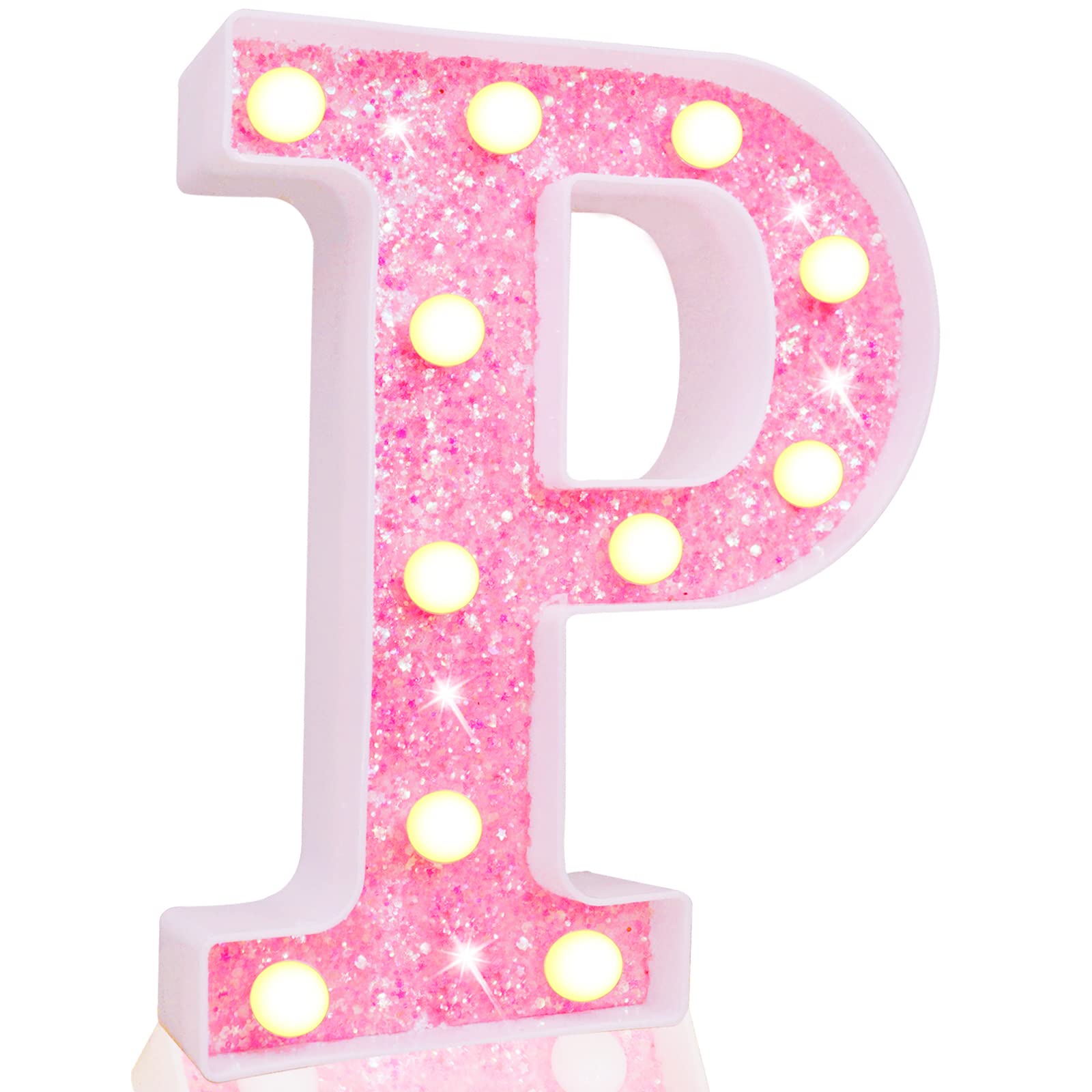 Pooqla LED Marquee Letter Lights - Pink Glitter Alphabet Sign with Battery Power for Night Light, Birthday Party, Wedding, Home Bar & Christmas Decor - Perfect for Girls' Gifts & Room Decoration - Letter P