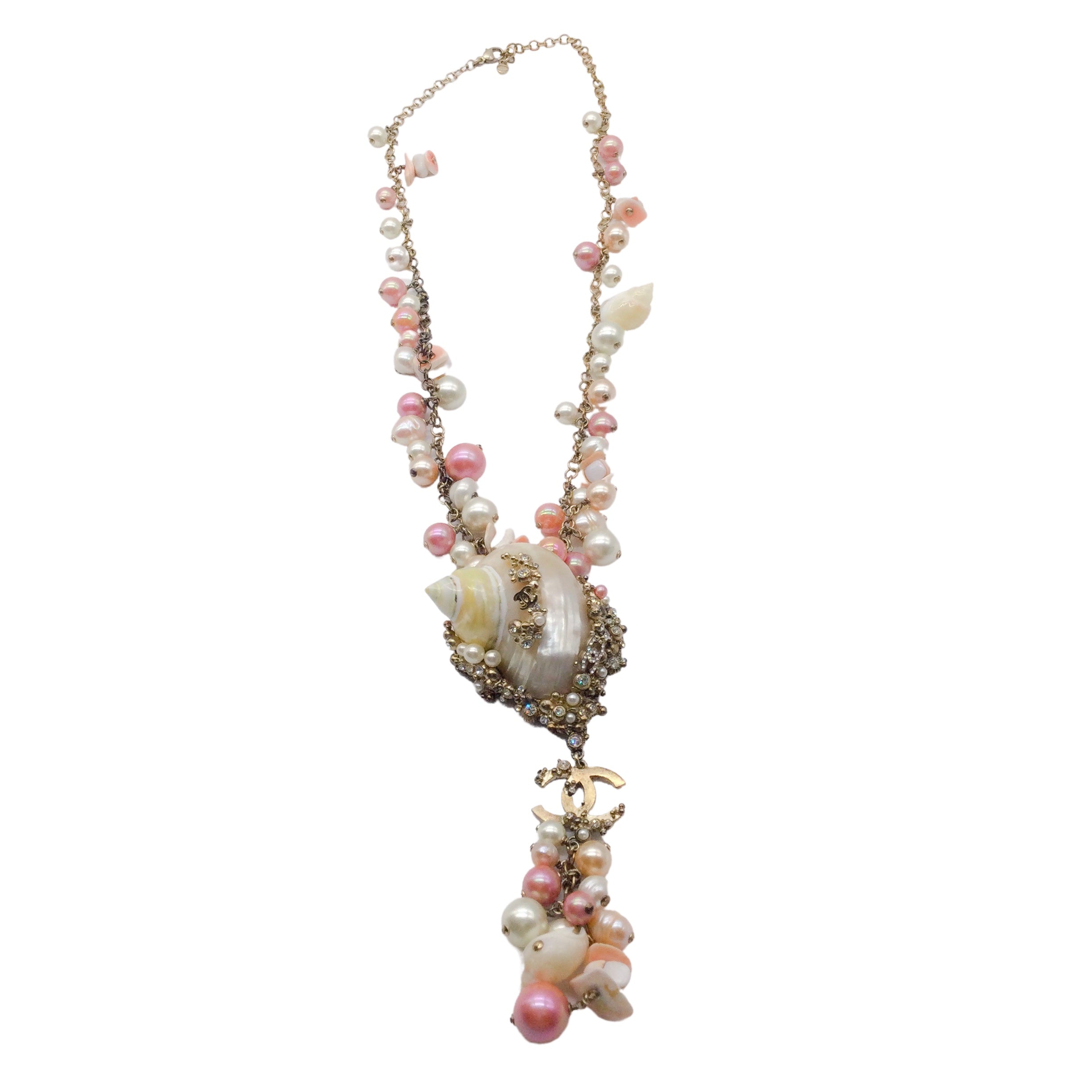 Chanel-Inspired Pink & Ecru CC Logo Seashell Pendant Necklace with Crystal Accents & Imitation Pearls | Elegant Long Chain for Women | Perfect for Parties, Weddings & Special Occasions