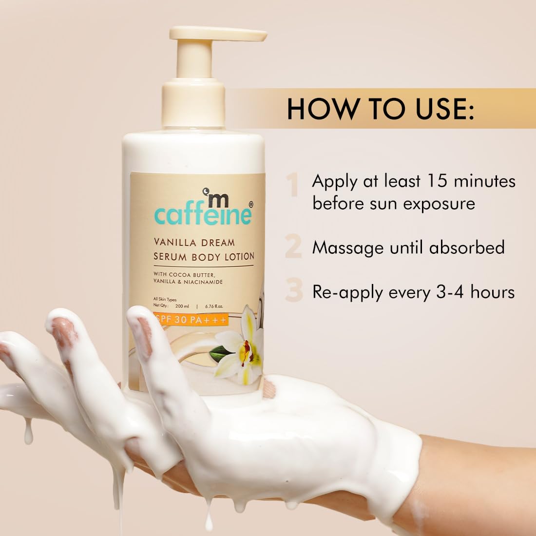 Mcaffeine Vanilla Dream Serum Body Lotion SPF 30 PA+++ for Women & Men | UVA/UVB Protection, No White Cast | Sunscreen Lotion with Niacinamide & Cocoa Butter | 200ml | Daily Moisturizer for Dry Skin, Perfect for Beach & Outdoor Activities