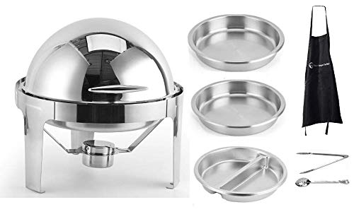 6 Quart Stainless Steel Round Roll Top Chafing Dish with Apron - Buffet Warmer for Catering, Parties, Weddings & Events - Keep Food Warm for Hours