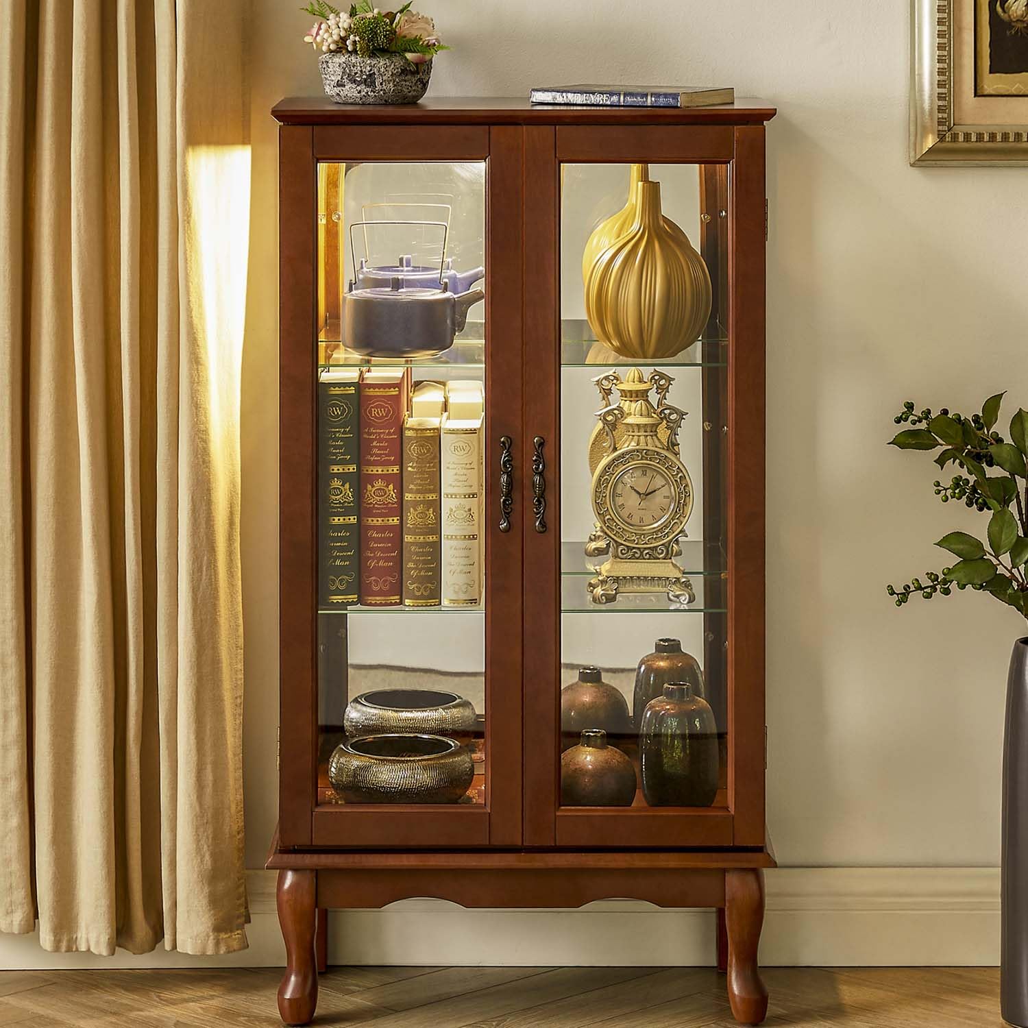 Anwick Walnut China Cabinet & Curio Cabinet with Glass Doors - Lighted Display Cabinet with Mirrored Back Panel, Tempered Glass & 3 Adjustable Shelves - Perfect for Dining Room, Living Room or Office Display (Walnut Finish)