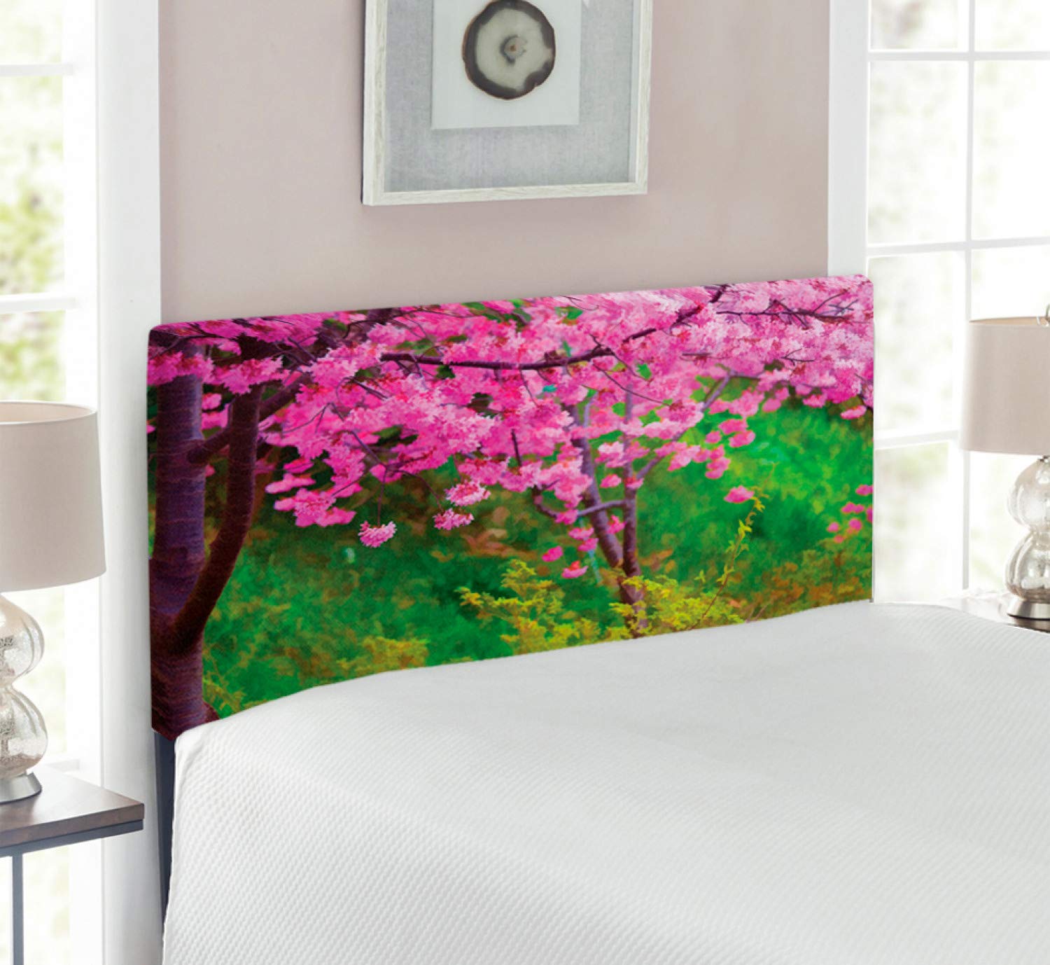 Ambesonne Japanese Sakura Floral Headboard - Pink Cherry Blossom & Green Spring Garden Landscape Upholstered Metal Bed Frame with Memory Foam (Twin Size) | Perfect for Bedroom Decor, Zen Interior Design & Asian-Themed Home Styling