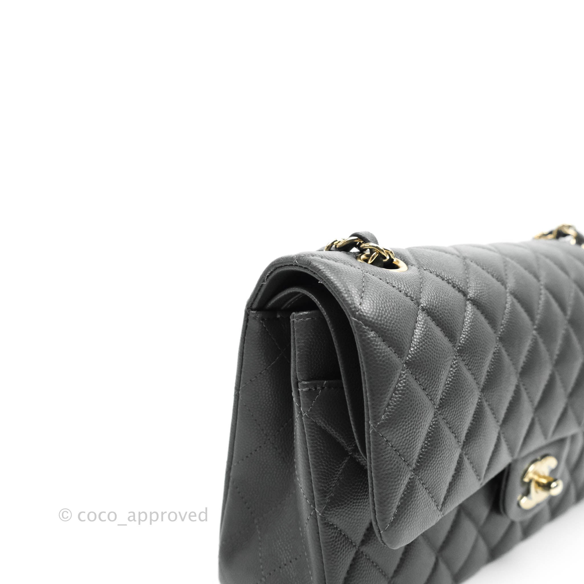 Chanel Classic M/L Medium Double Flap Bag in Dark Grey Caviar Leather with Gold Hardware - Luxury Handbag for Women, Perfect for Work, Evening Events & Special Occasions