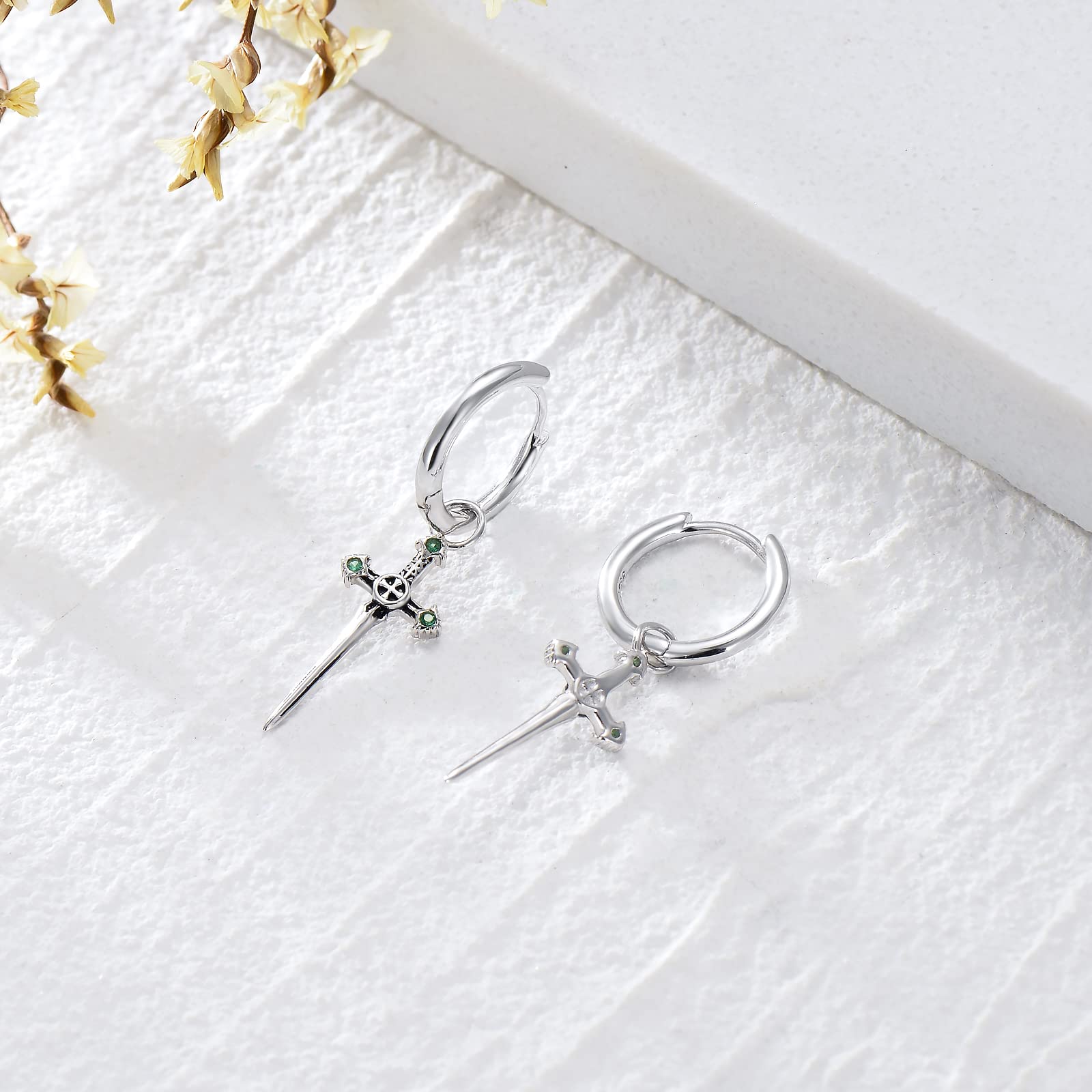 Sterling Silver Medieval Sword Dangle Drop Earrings - Gothic Dagger Hoop Earrings with Cross Knives Design for Women, Men & Teens - Perfect for Cosplay, Renaissance Fairs & Gothic Fashion