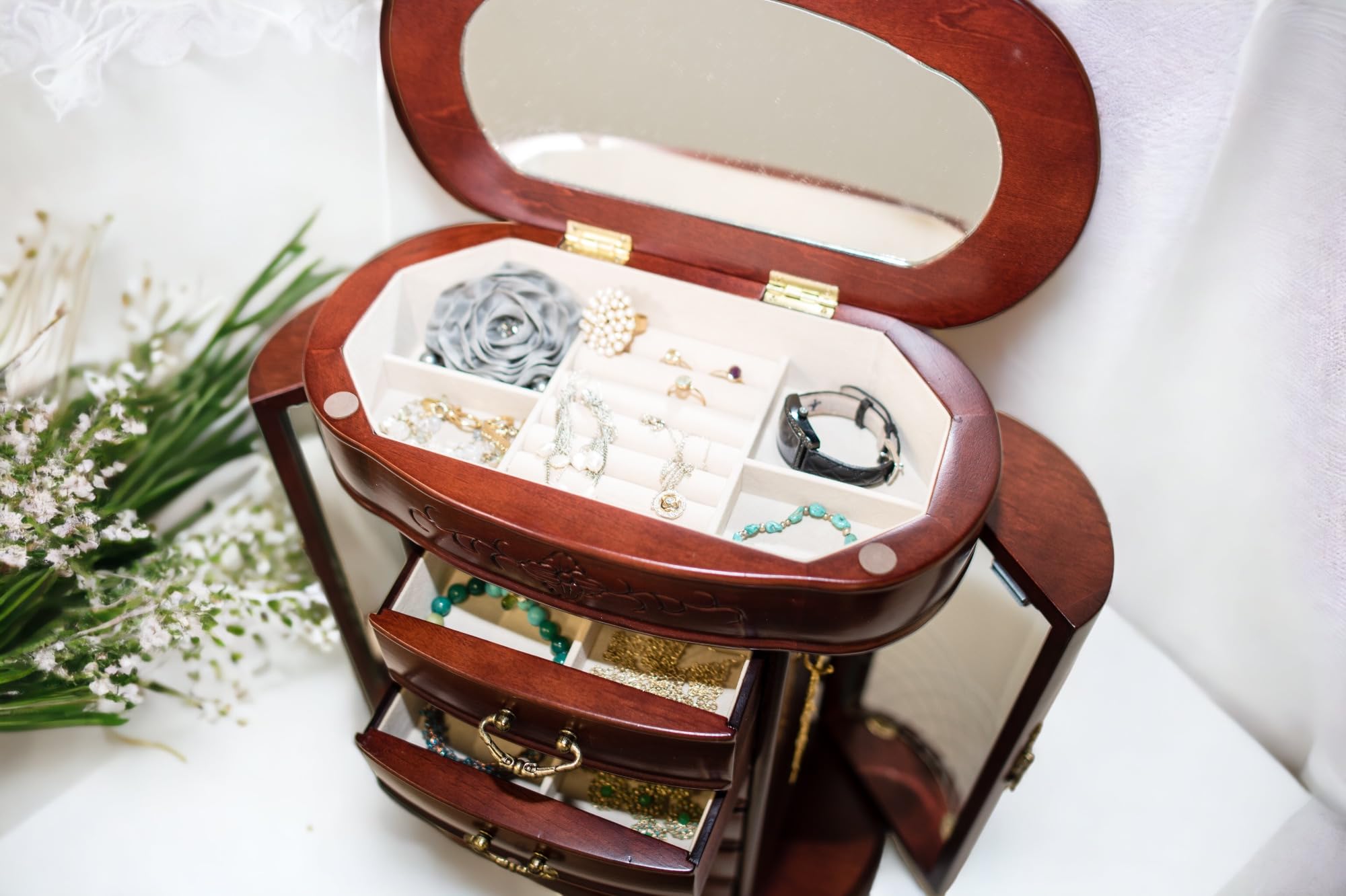 Patricia Etched Glass Mahogany Jewelry Box with Hives & Honey Design - Elegant Jewelry Storage for Necklaces, Rings & Earrings - Perfect for Bedroom Vanity, Dresser or Gift