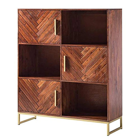 Gfine Solid Acacia Wood & Iron 3-Door Bookshelf Cabinet - 115x40x142cm - Stylish Storage for Living Room, Office & Bedroom