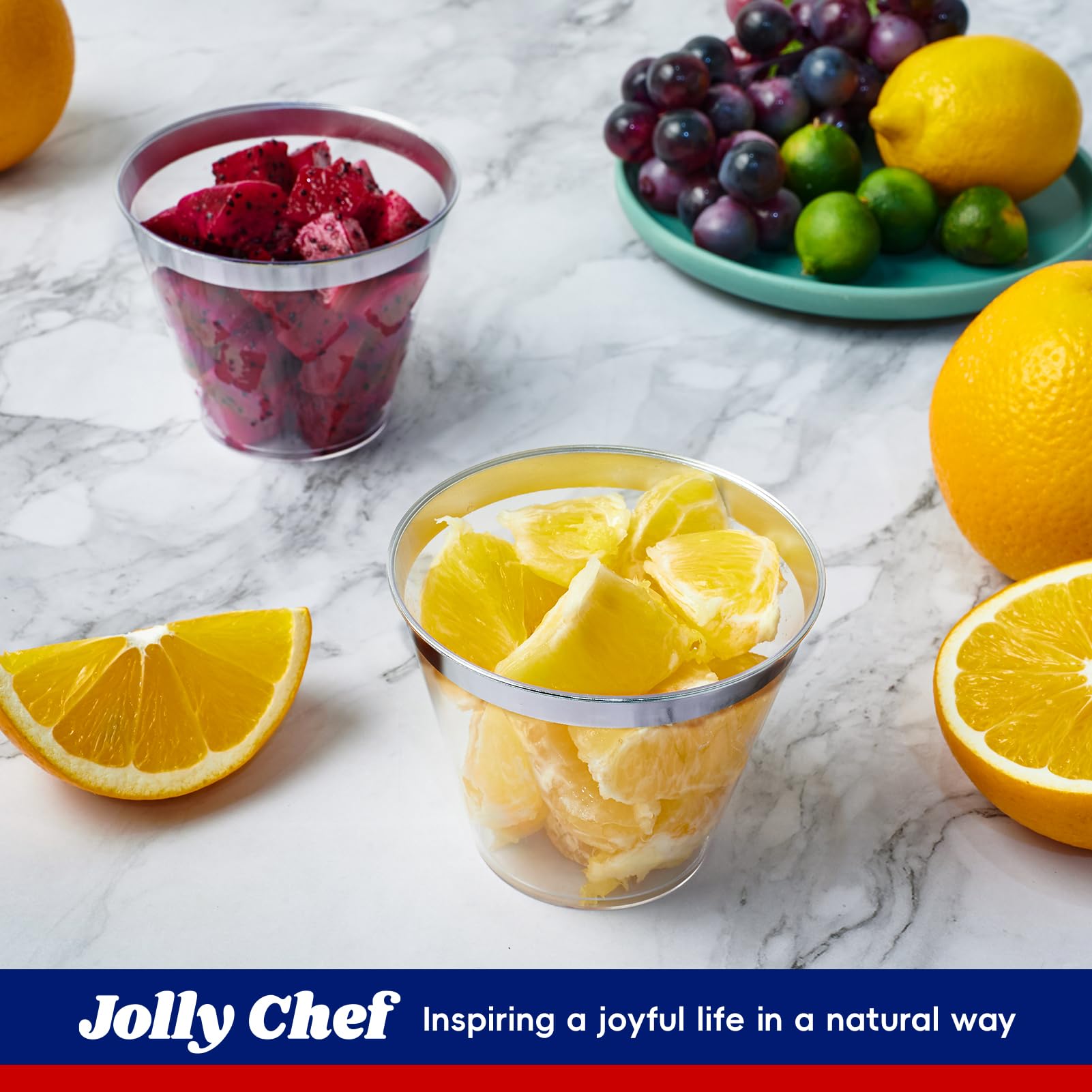JOLLY CHEF 100 Pack 9 oz Clear Plastic Cups with Elegant Silver Rim - Disposable Silver Tumblers for Wedding, Party, Thanksgiving & Christmas - Perfect for Cocktails, Beverages and Celebrations