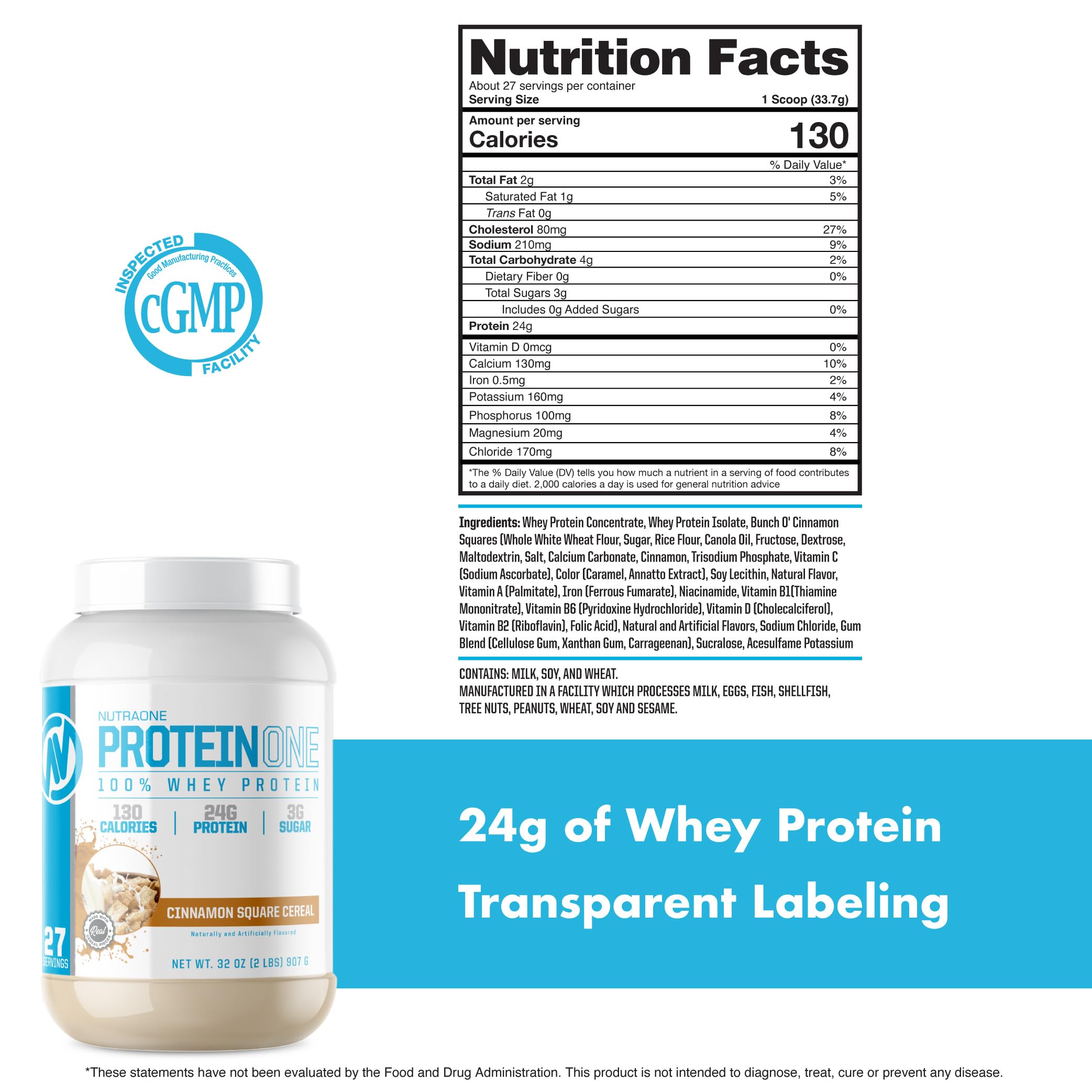 NutraOne ProteinOne Whey Protein Powder for Men & Women - 2 lbs Cinnamon Square Cereal Flavor | Muscle Recovery & Growth Supplement | Post-Workout Shake for Gym & Fitness Enthusiasts