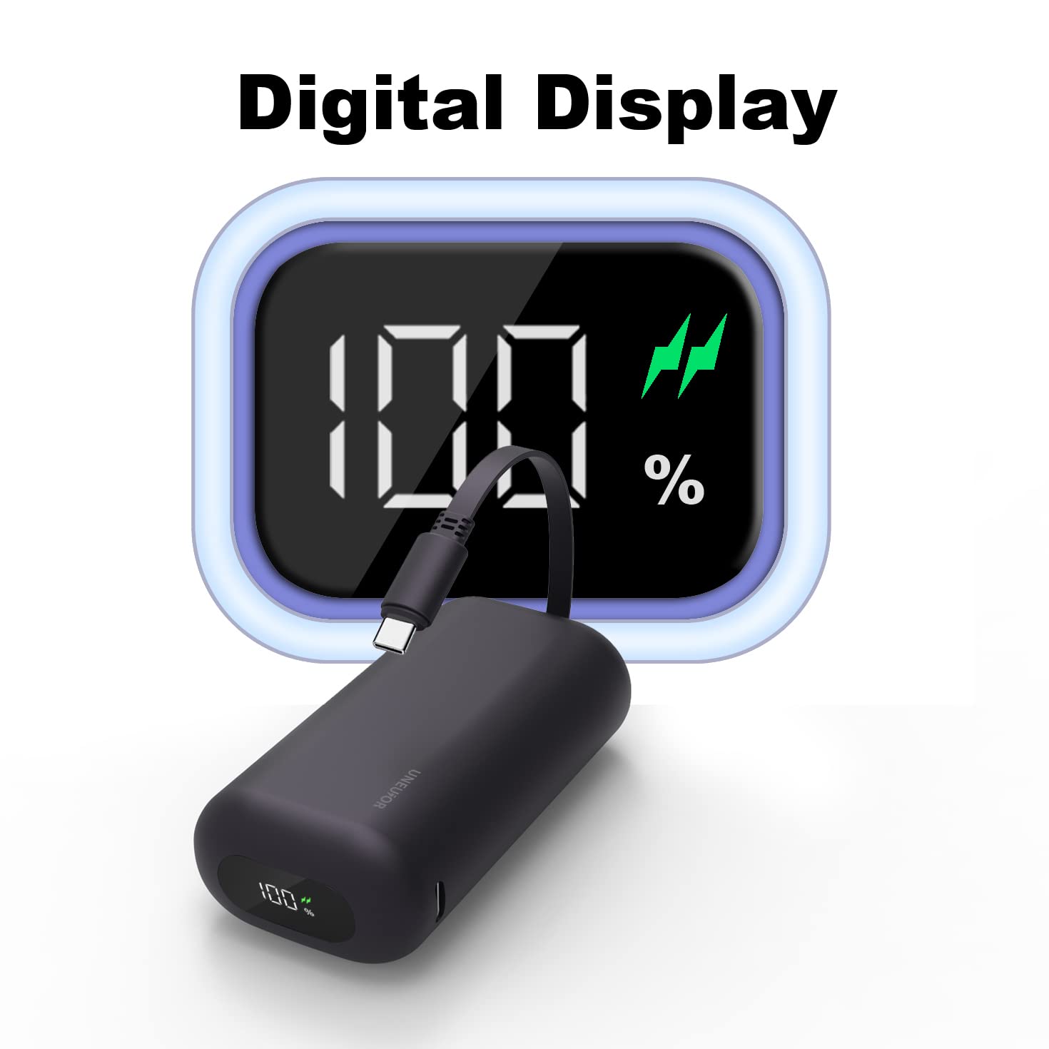 10000mAh Portable Charger with Built-in USB-C Cable - 18W PD Fast Charging Power Bank for iPhone 15/Pro/Plus, Samsung Galaxy S23/S22/S21 - Ultra Compact External Battery Pack for Travel, Camping & Emergency Charging (Black)
