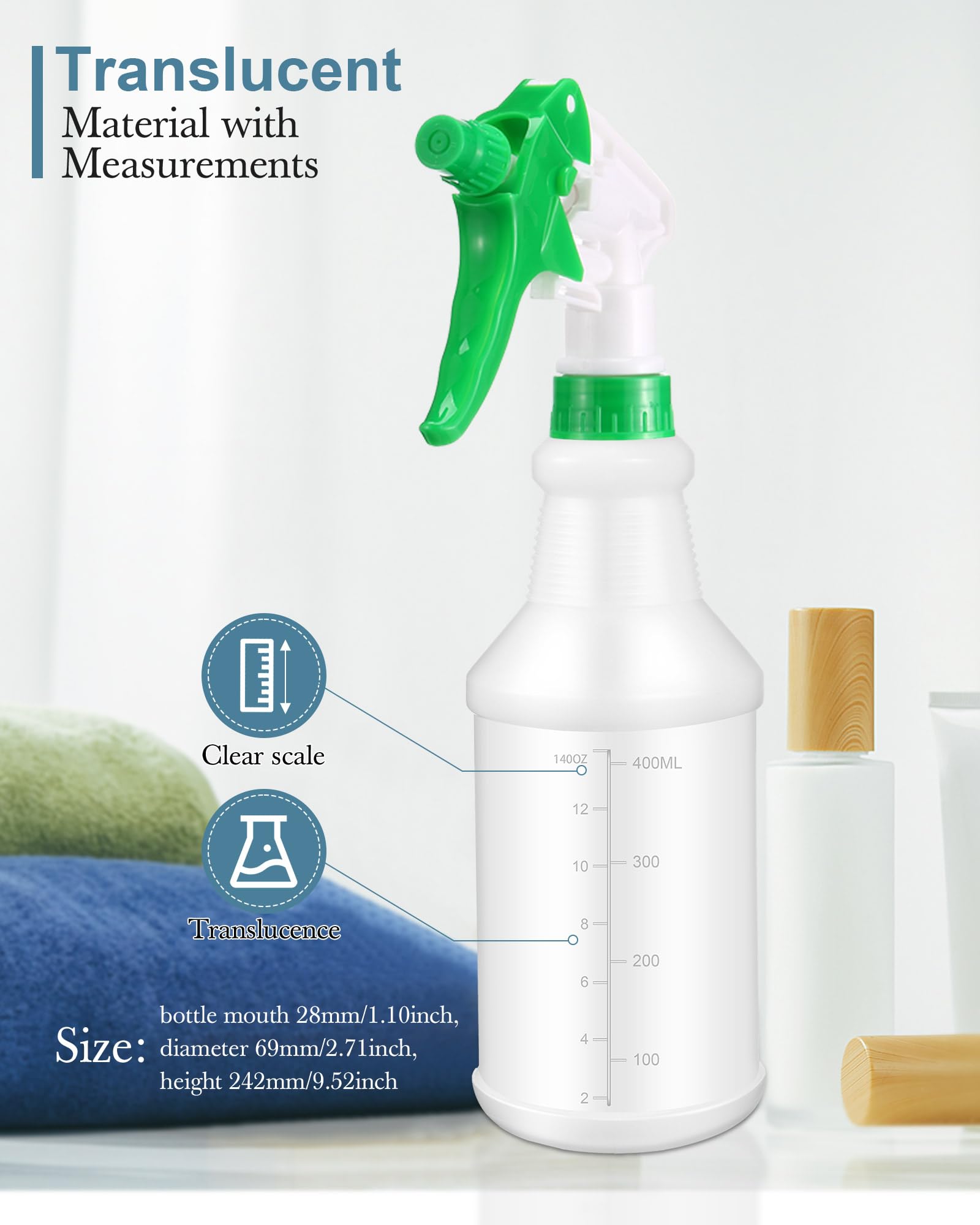 Eccliy 20 Pack 16 Oz Empty Spray Bottles - Leak Proof with Measurements & Adjustable Nozzle - Round Green & Blue Cleaning Bottles for Home, Kitchen, Bathroom, and Commercial Use
