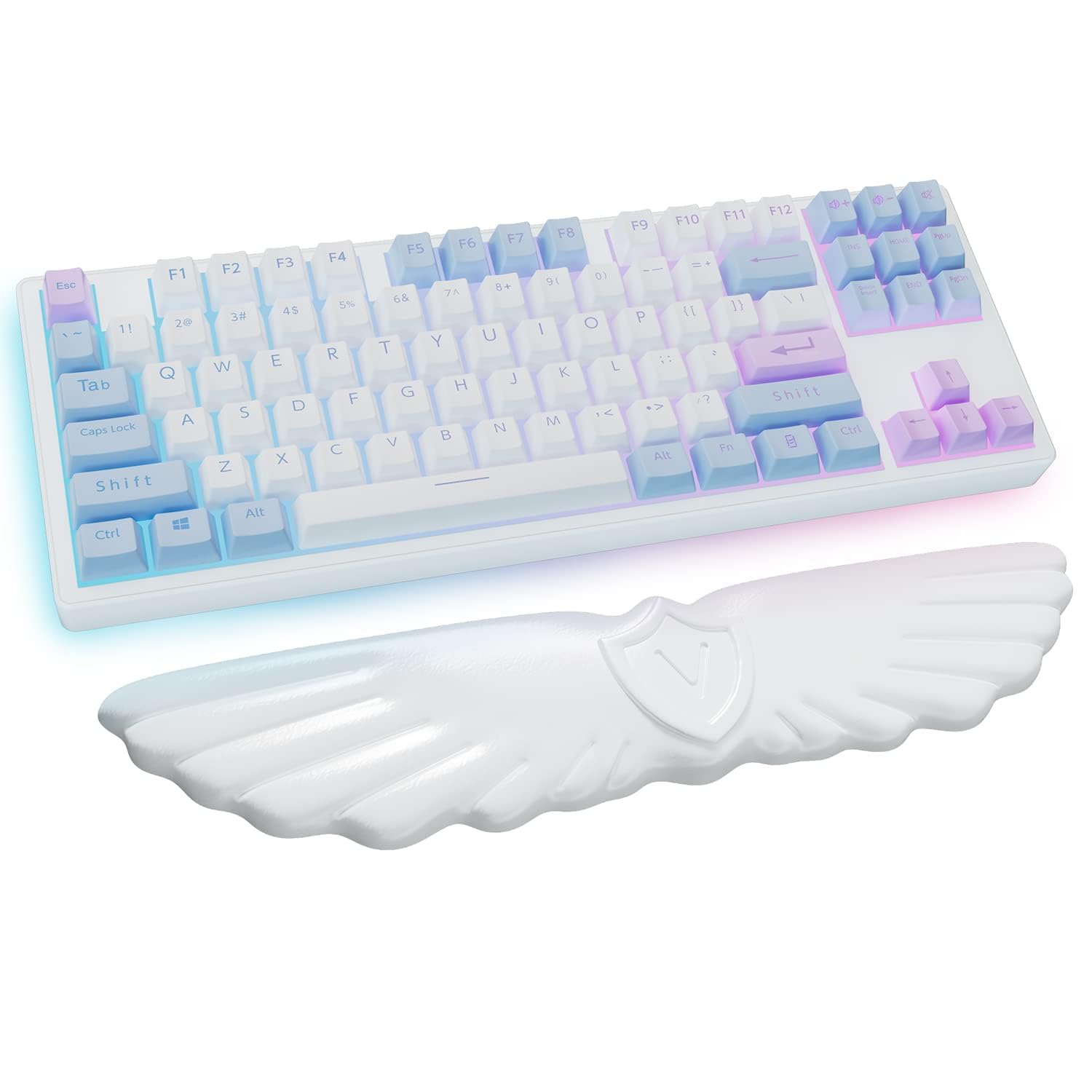 Angel Wing Keyboard Wrist Rest - Soft Leather Memory Foam for Pain Relief, Ergonomic PC Gaming & Office Use (White)