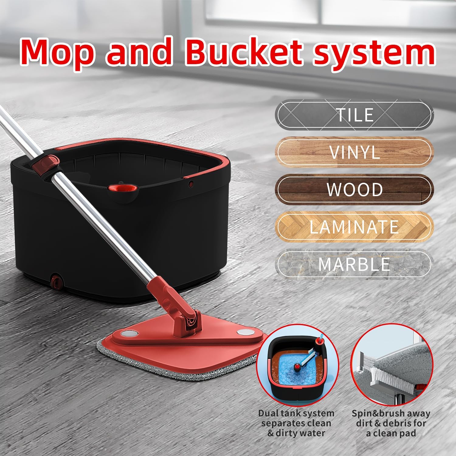 KZKR Spin Square Mop and Bucket Set with 6 Replaceable Microfiber Pads - Self-Cleaning System with Dirty/Clean Water Separation - 360° Rotating Self-Wringing Mop for Hardwood, Tile & Laminate Floors - Perfect for Home, Kitchen, and Bathroom Cleaning