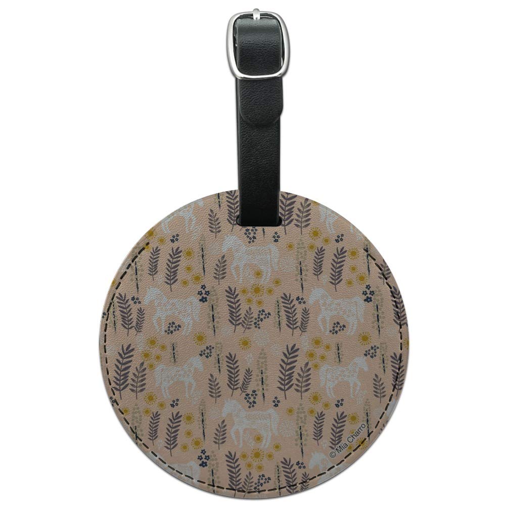 Round Leather Luggage Tag with Horse and Flowers Design - Durable Suitcase ID Tag for Travel Bags, Carry-Ons & Backpacks | Perfect for Airports, Business Trips & Vacation Identification