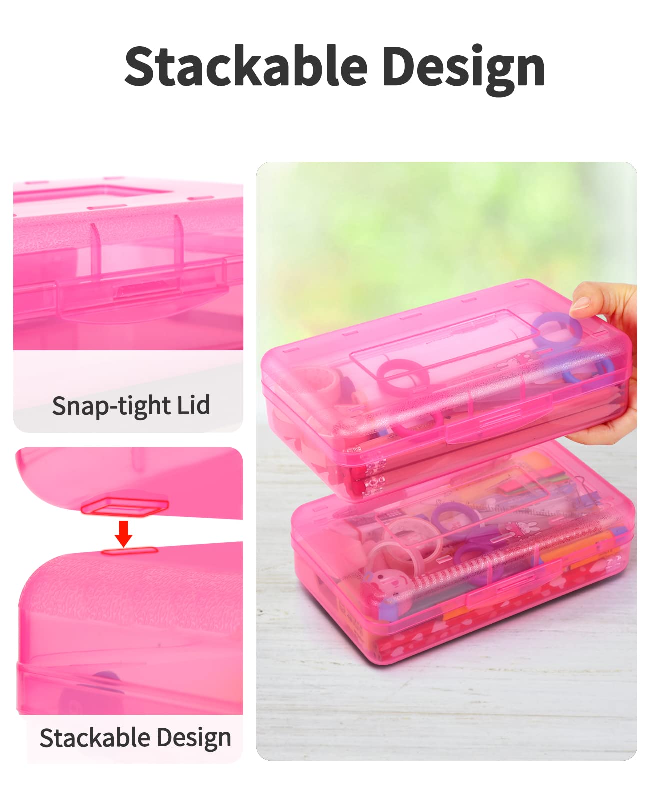 Sooez 6 Pack Clear Plastic Pencil Boxes with Lids - Hard School Supply Organizer for Kids, Stackable Crayon Storage Case - Perfect for Classroom, Art Supplies & Back to School Organization