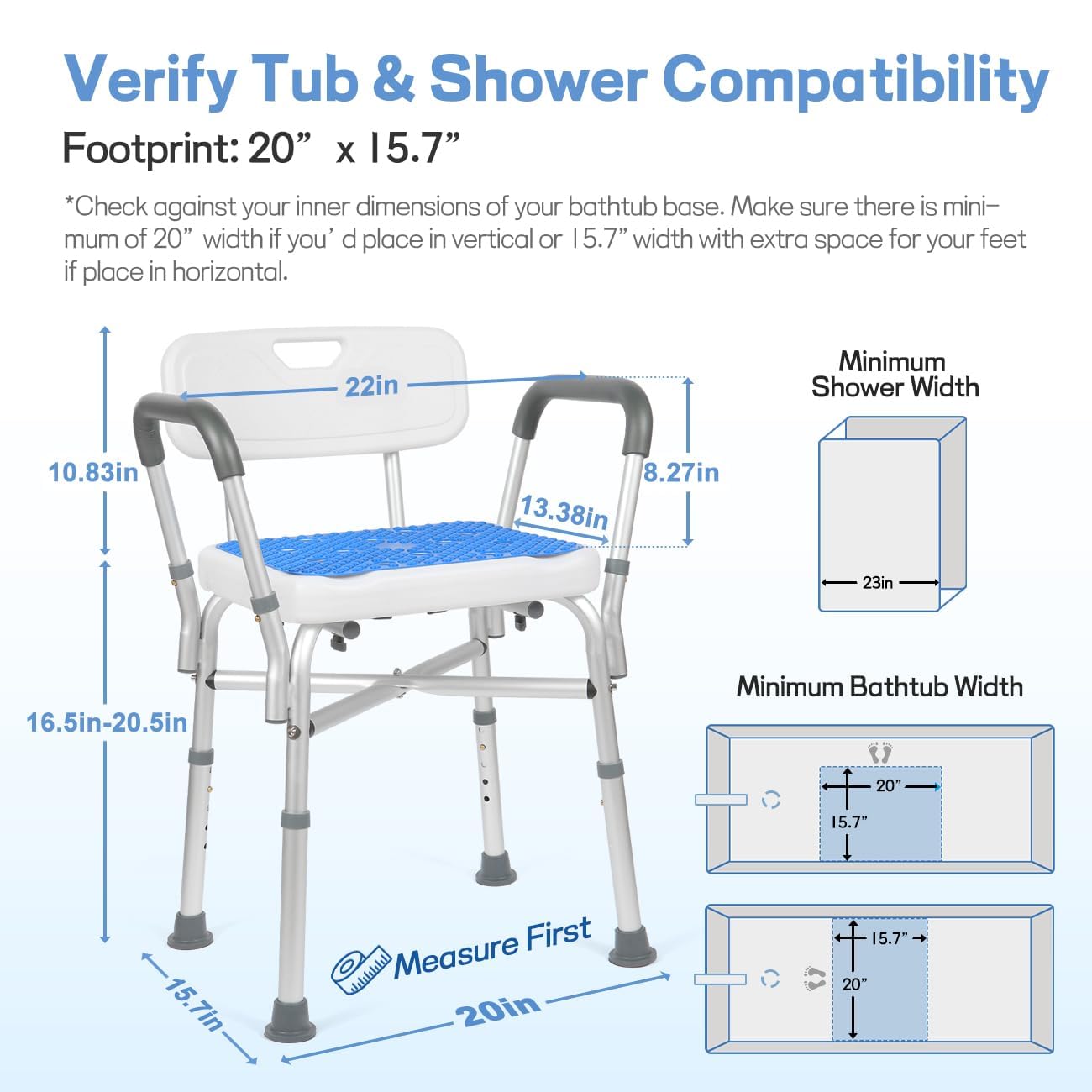 TABEKE Adjustable Shower Chair with Backrest & Padded Armrest - 500lb Capacity Compact Bath Seat for Elderly & Disabled - FSA/HSA Eligible Non-Slip Shower Bench with Suction Cups - Perfect for Safe Bathing & Handicap Accessibility in Home Bathrooms