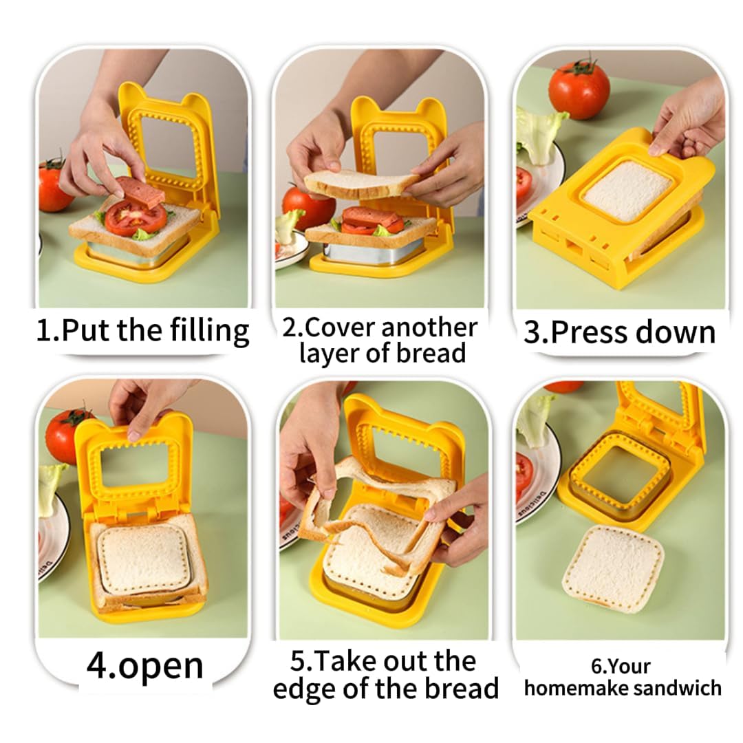 Square Sandwich Cutter and Sealer - Uncrustables Maker for Kids Lunch | Yellow Pocket Sandwich Tool for School Lunchables & Picnics