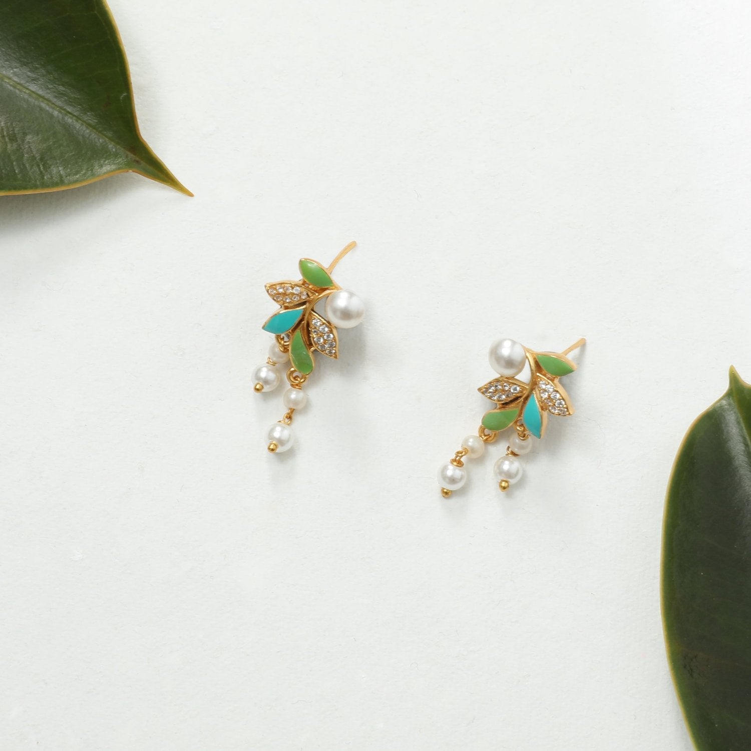 Eriha Pearl CZ Green Leaf Drop Earrings for Women - Elegant Dangle Earrings with Cubic Zirconia & Pearl Accents - Perfect for Weddings, Parties & Evening Events