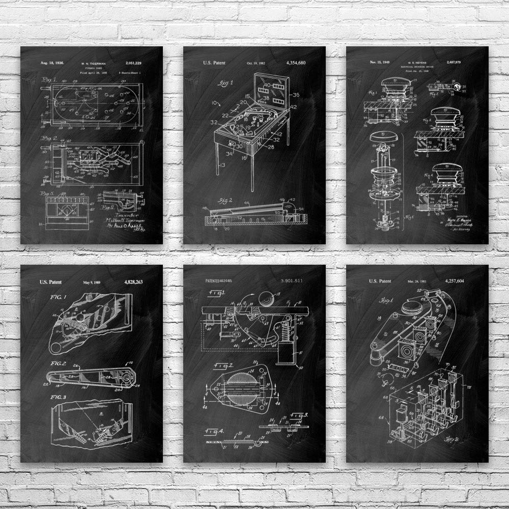 Vintage Pinball Patent Posters Set of 6 - Blueprint Wall Art for Arcade & Game Room Decor (20x30 Inches) - Perfect Gift for Gamers, Pinball Enthusiasts & Retro Gaming Lovers | Ideal for Man Cave, Home Theater or Office Decor