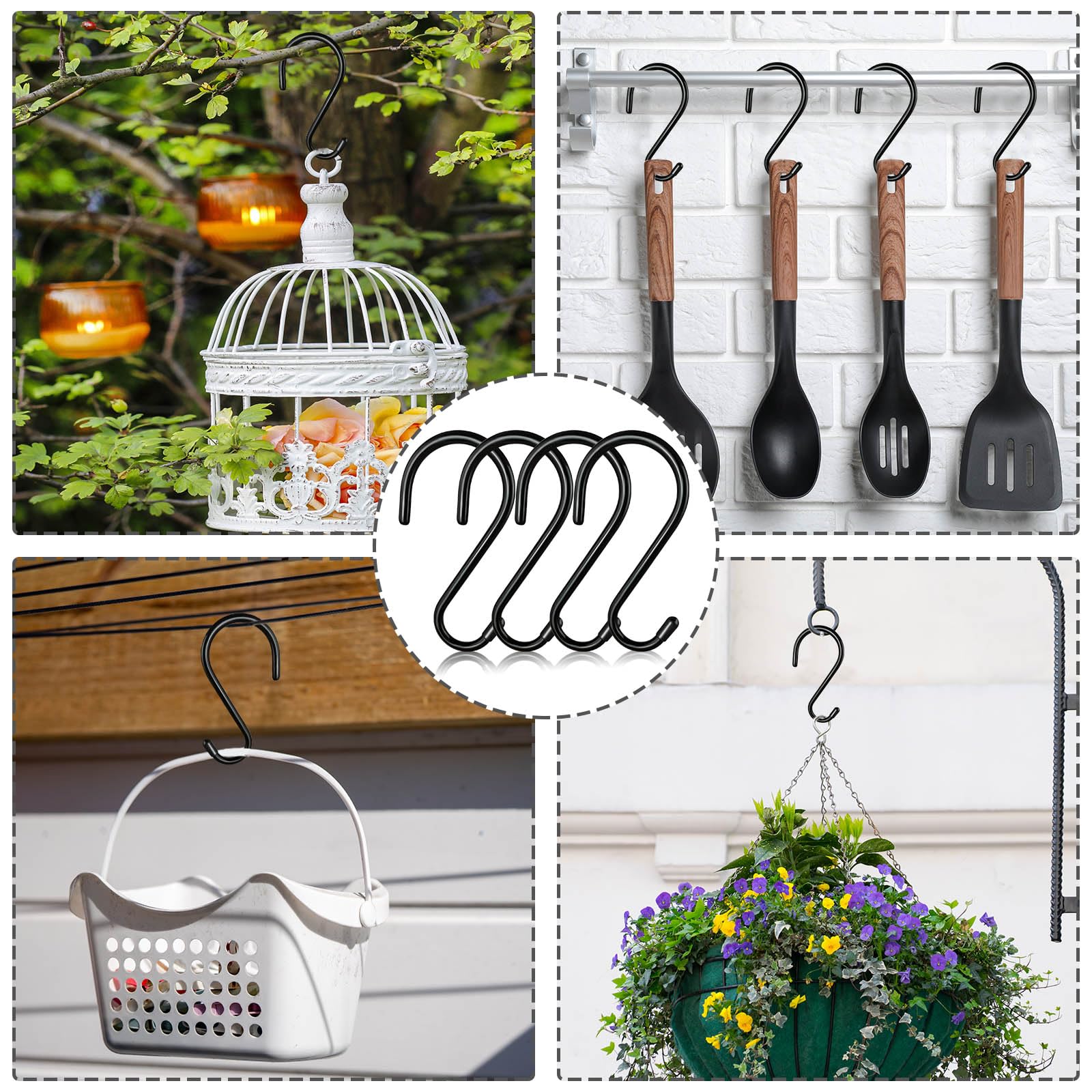 4.5 Inch Heavy Duty Vinyl Coated S Hooks - 10 Pack Non-Slip Black Rubber Hanging Hooks for Plants, Clothes, Bags & Kitchenware - Perfect for Closet, Garage & Outdoor Organization