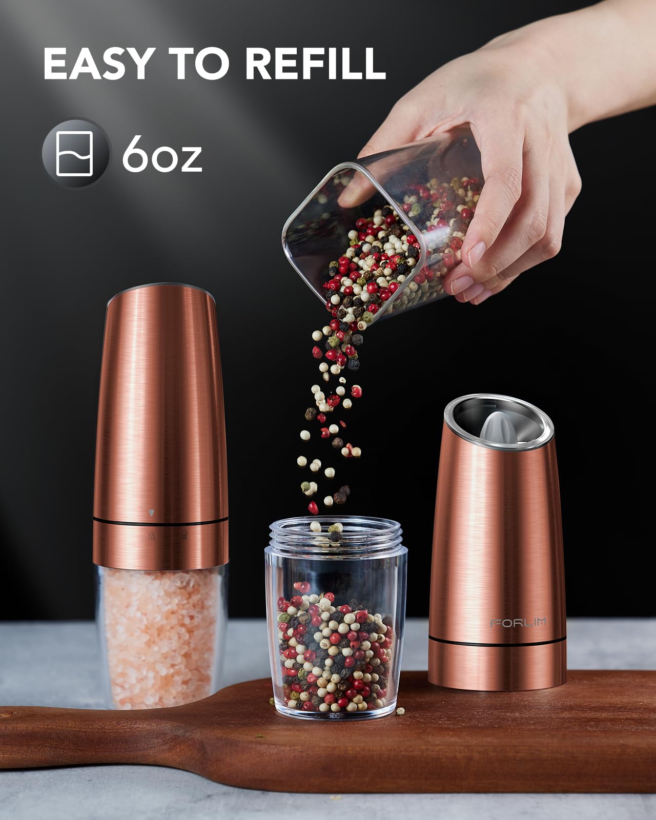 FORLIM Gravity Electric Salt and Pepper Grinder Set - Battery Powered Automatic Spice Mill with LED Light, One-Hand Operation & Adjustable Coarseness - Stainless Steel Kitchen Gadget for Cooking, Dining & Gourmet Seasoning (Golden)