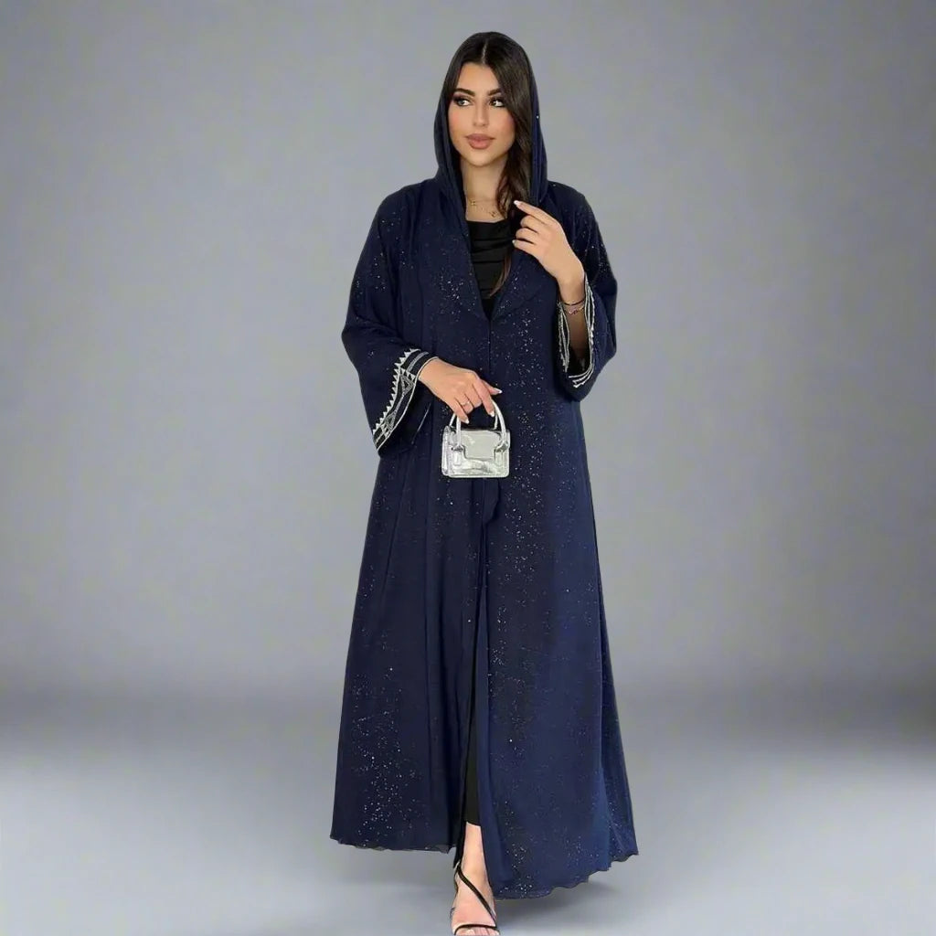 Elegant Muslim Women's Open Abaya Dress with Embroidery Sleeve & Glitter Details - Modest Islamic Fashion for Prayer, Wedding & Special Occasions