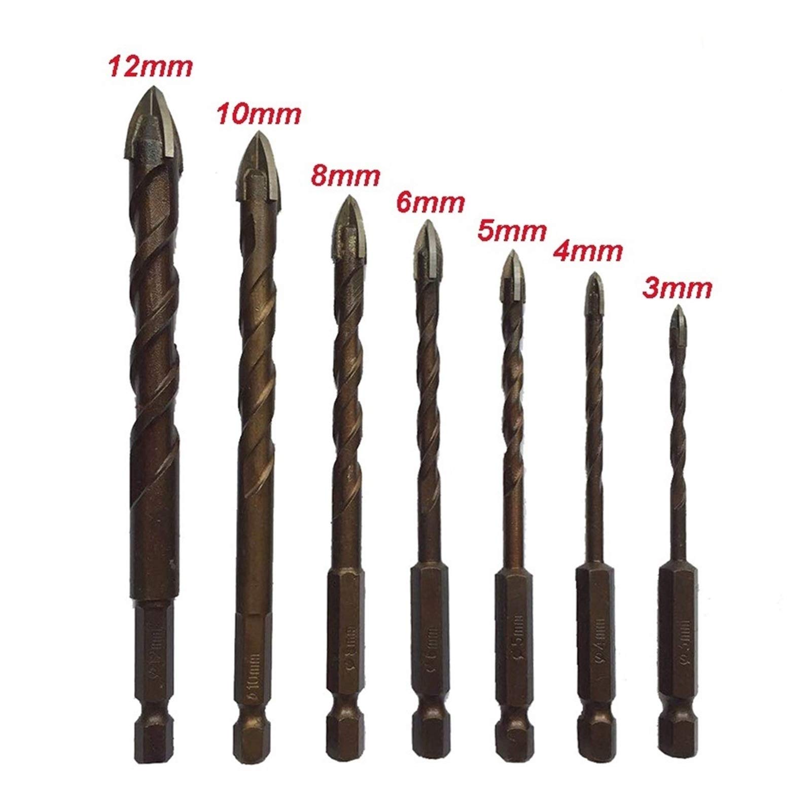 7Pcs Titanium Coated Drill Bit Set for Tile, Glass, Ceramic & Concrete - 3/4/5/6/8/10/12mm Masonry Drill Bits with Cross Hex Shank - Perfect for Bathroom Renovation, Wall Tiling & DIY Home Improvement Projects