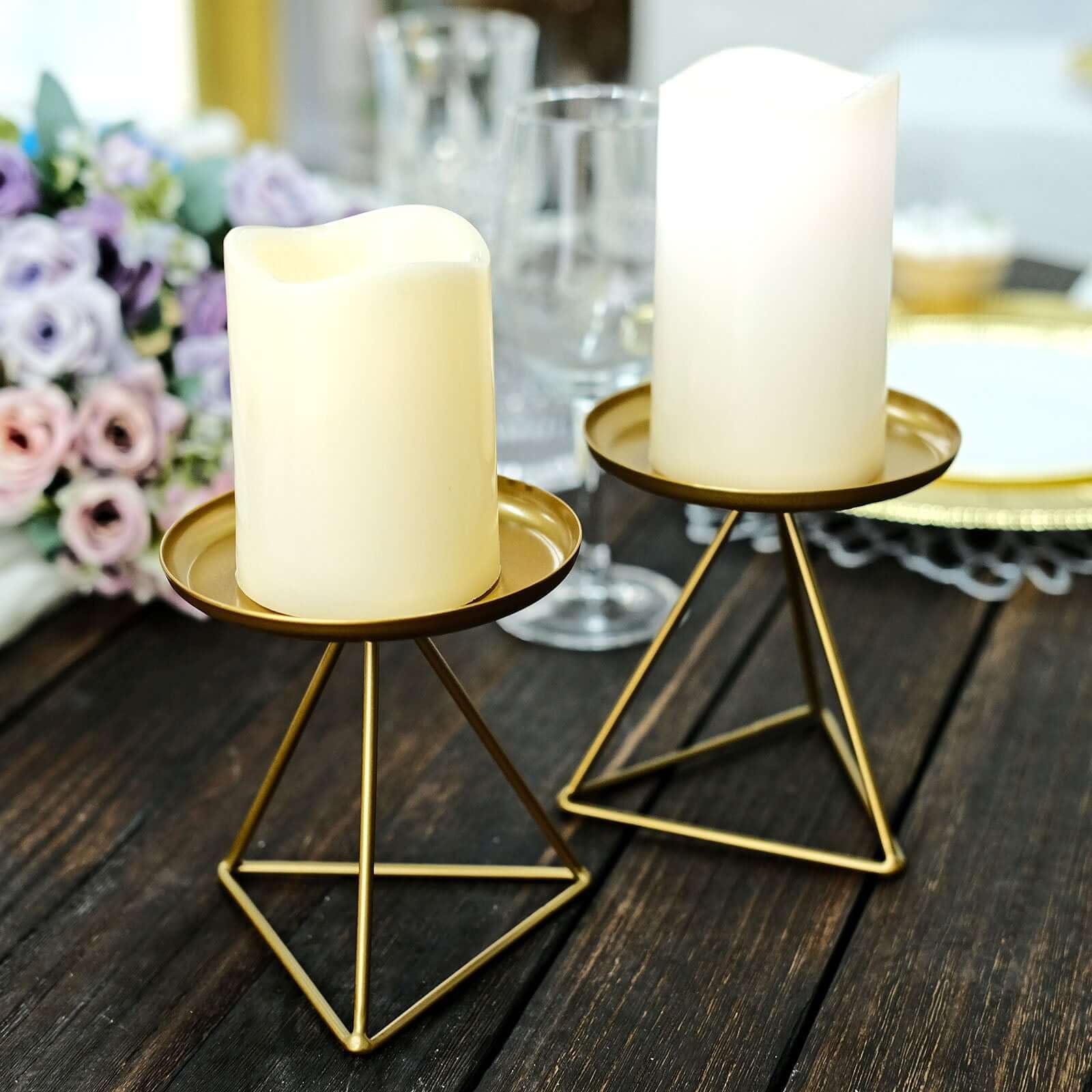 Efavormart 2 Pack 5 Inch Gold Metal Triangle Base Pillar Candle Holders - Geometric Candle Stands for Wedding Centerpieces, Table Decor, and Home Decoration