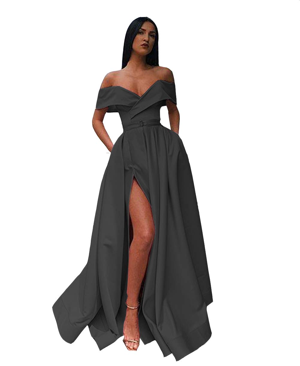 Emanni Women's Off Shoulder Long Side Slit Satin Prom Dress A-Line Evening Gown for Formal Party, Homecoming, Wedding Guest - Dark Grey