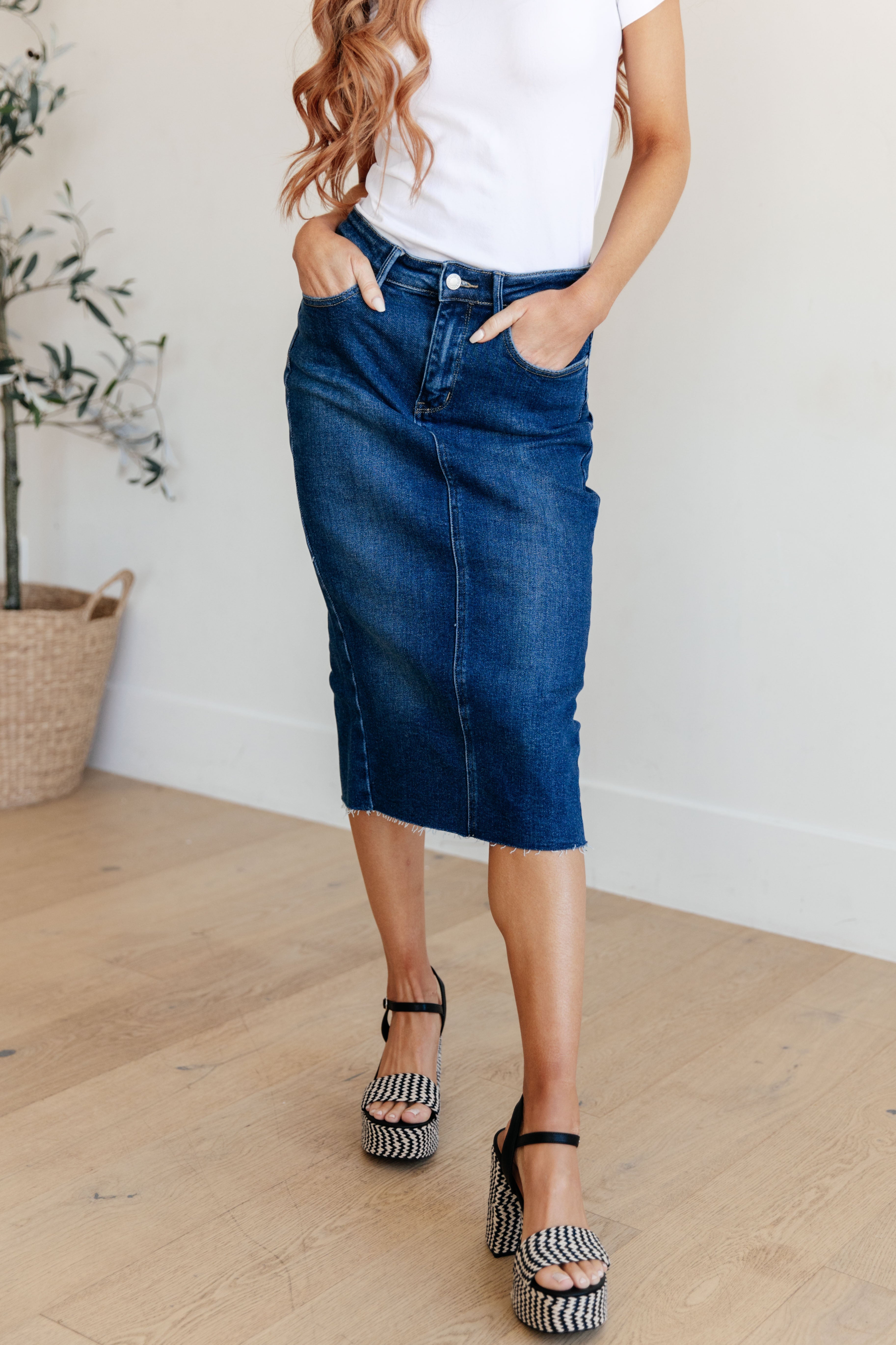 Marcy High Rise Denim Midi Skirt for Women - Stretchy Comfort Fit A-Line Denim Skirt | Perfect for Casual Outfits, Office Wear & Date Nights