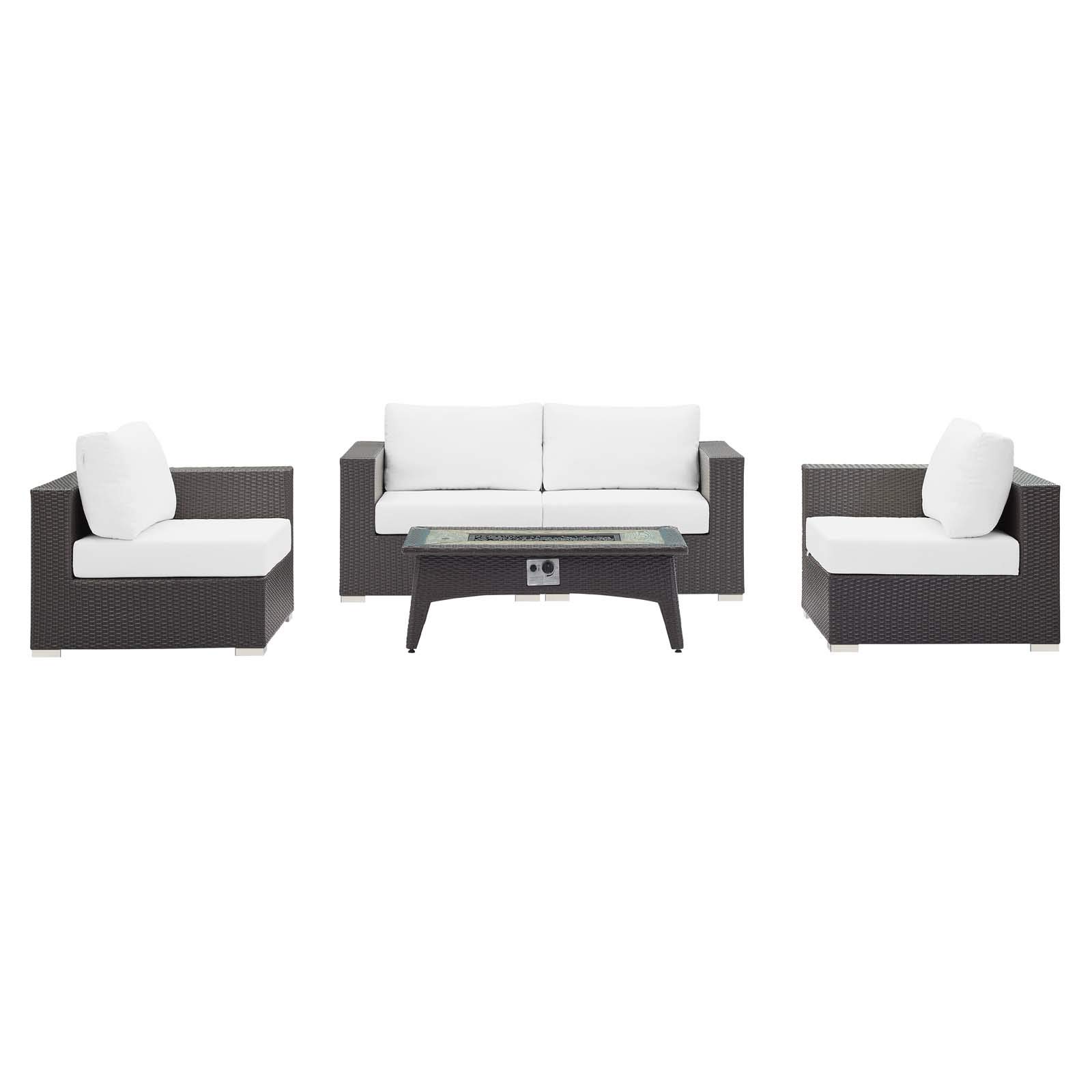 Modern White Fabric Rattan Wicker Outdoor Patio Lounge Sofa Set with Chair and Coffee Table Fire Pit for Cozy Backyard Gatherings