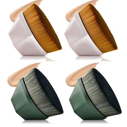 Flat Kabuki Makeup Brush Set for Foundation - 2 Pink & 2 Green Brushes with Travel Caps - Professional Face Powder & Liquid Makeup Application - Perfect for Everyday Use & Travel Makeup Kit