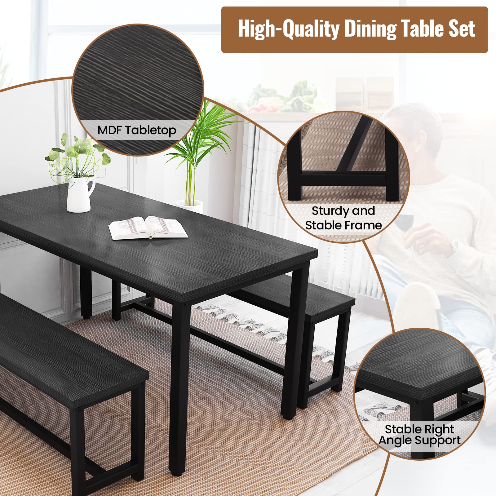 **Recaceik 3-Piece Farmhouse Dining Table Set for 4 with 2 Benches - Industrial Kitchen Table Set for Small Spaces, Apartments, Breakfast Nook - Perfect for Family Meals & Entertaining (Black)**