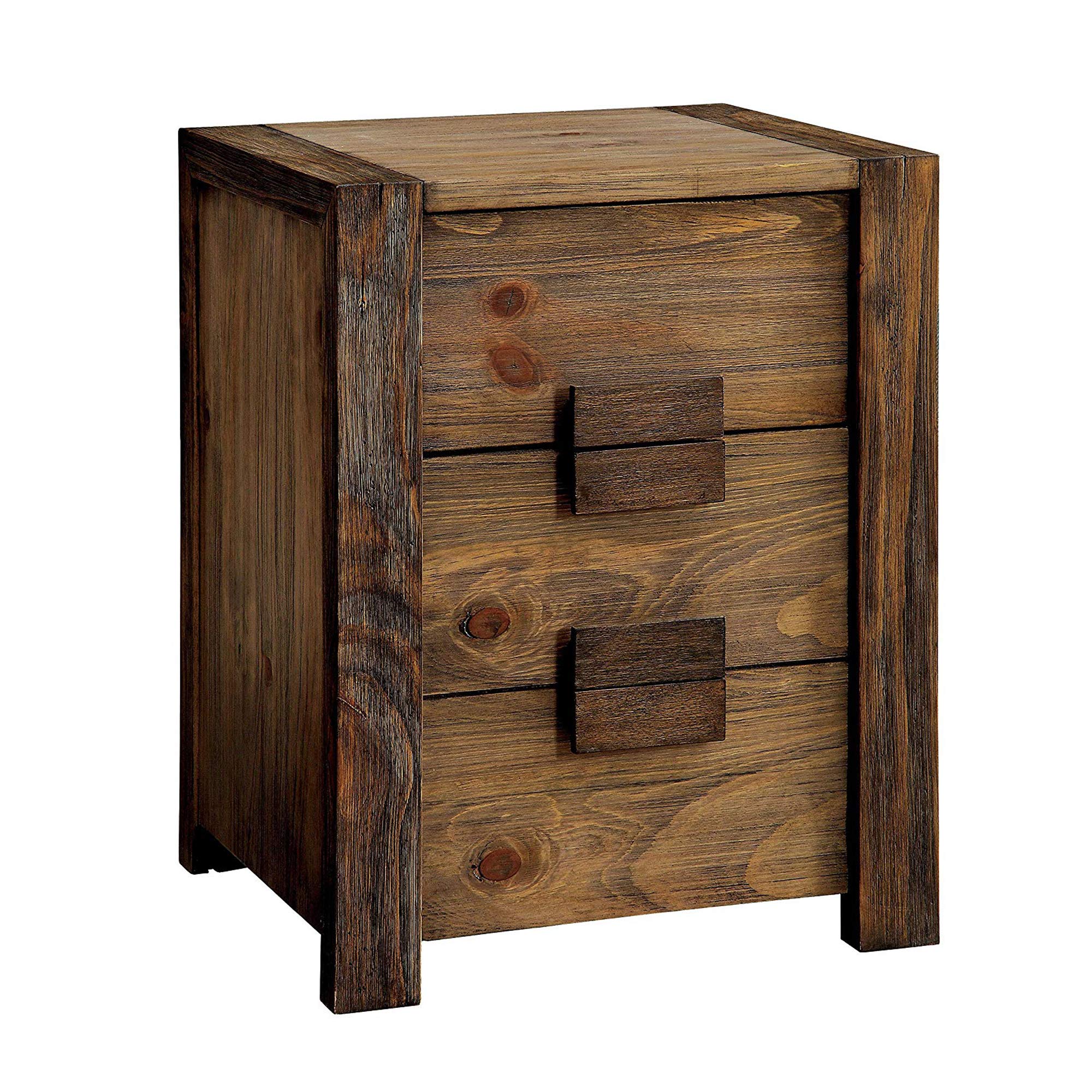 Benjara Benzara 3-Drawer Wooden Nightstand with Block Handles - Brown Finish Bedside Table for Bedroom, Living Room & Guest Room